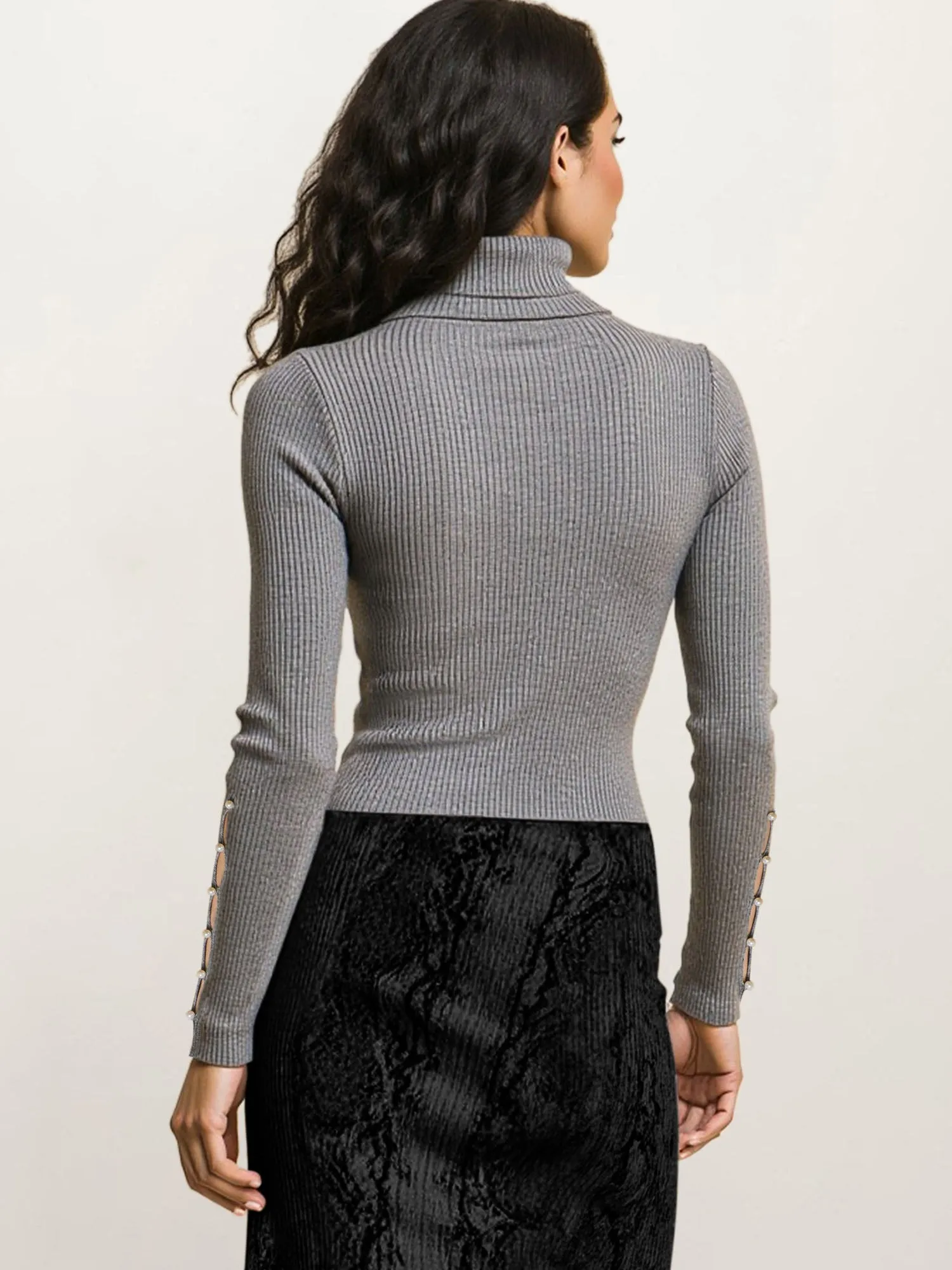 Long Sleeve Turtleneck Pearl Cuff Sweater