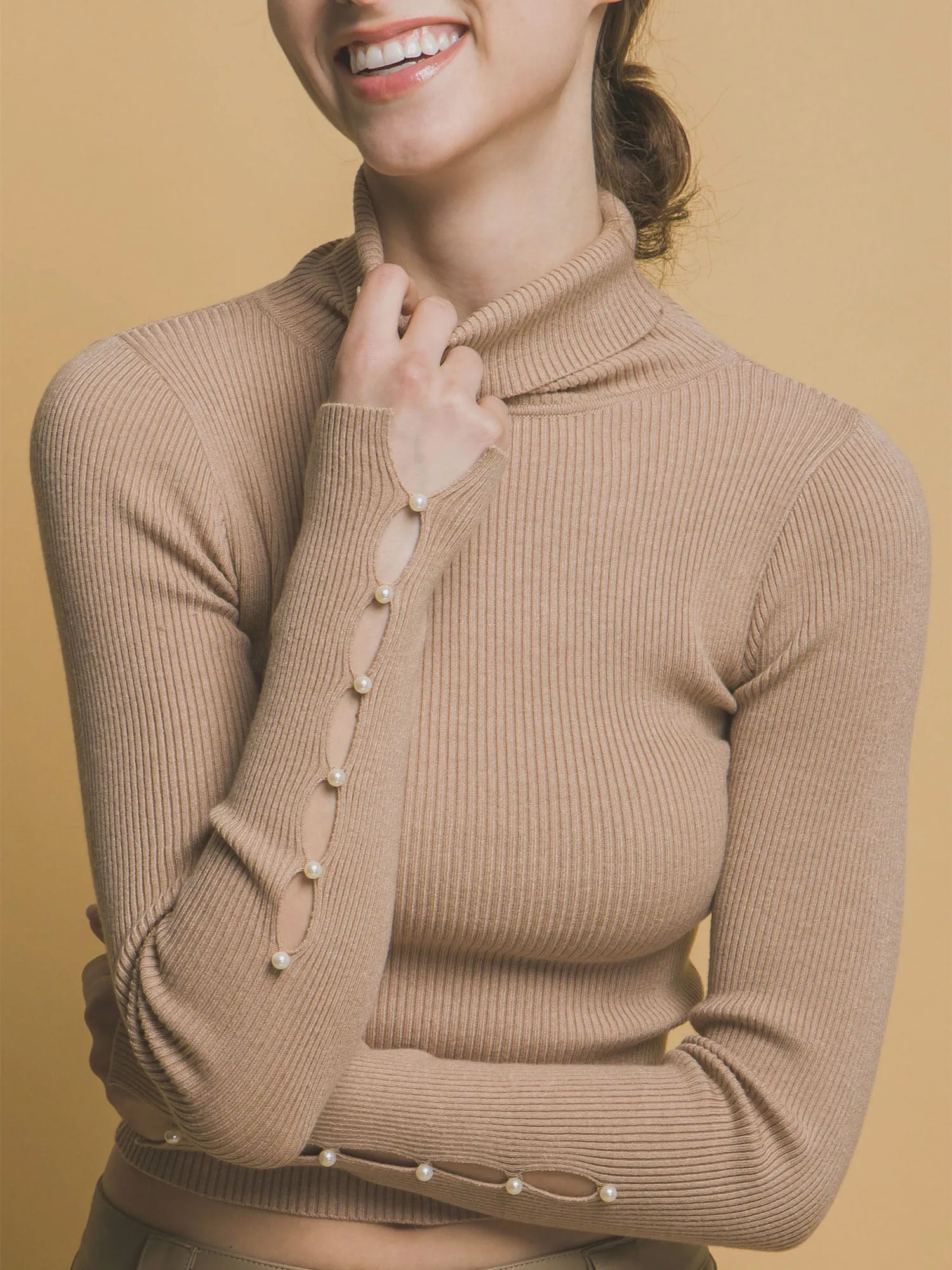 Long Sleeve Turtleneck Pearl Cuff Sweater