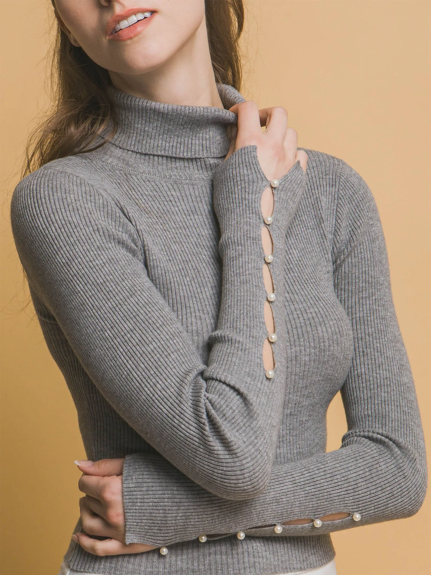 Long Sleeve Turtleneck Pearl Cuff Sweater