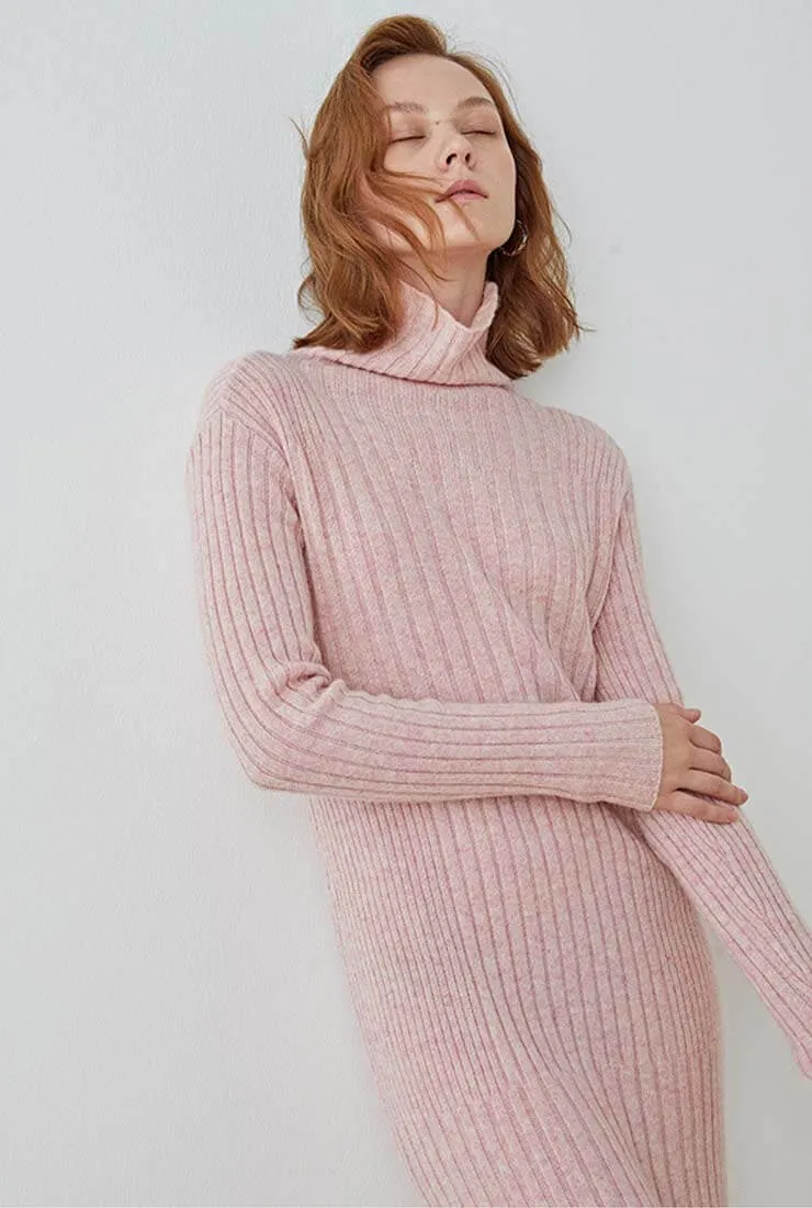 Long-sleeved Turtleneck Slim Wool Knit Midi Dress