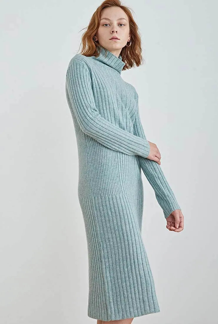 Long-sleeved Turtleneck Slim Wool Knit Midi Dress