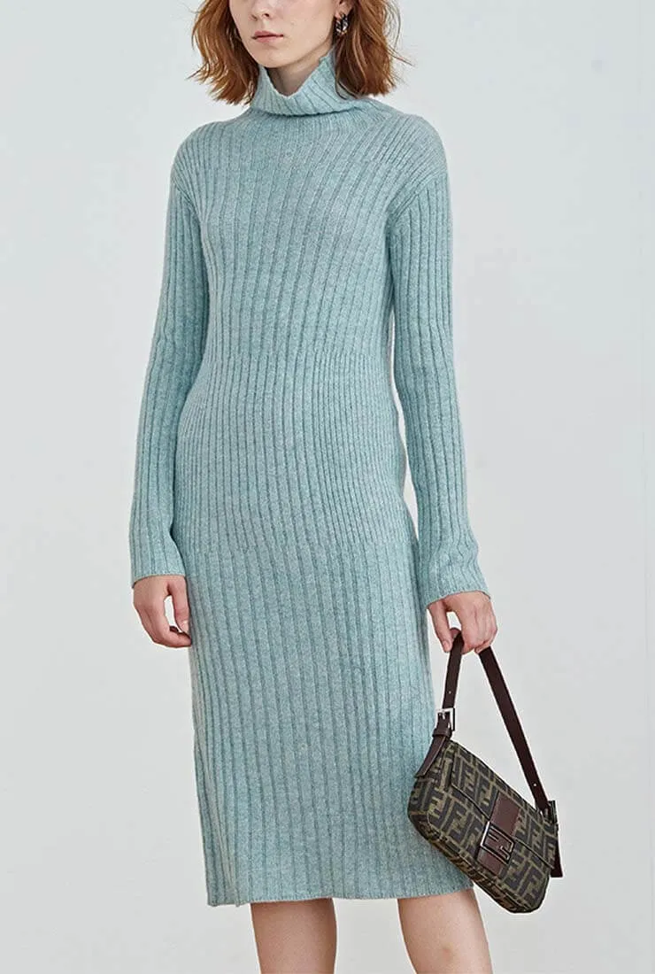 Long-sleeved Turtleneck Slim Wool Knit Midi Dress