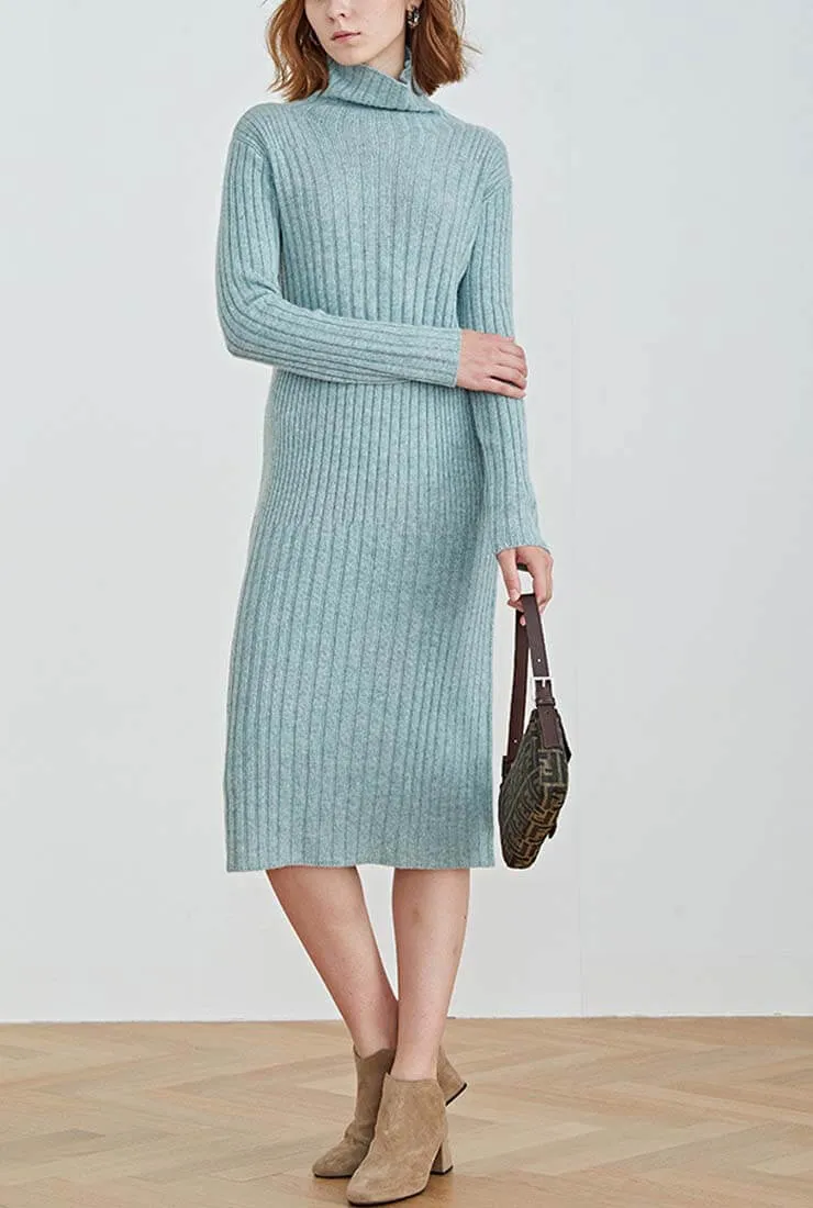 Long-sleeved Turtleneck Slim Wool Knit Midi Dress