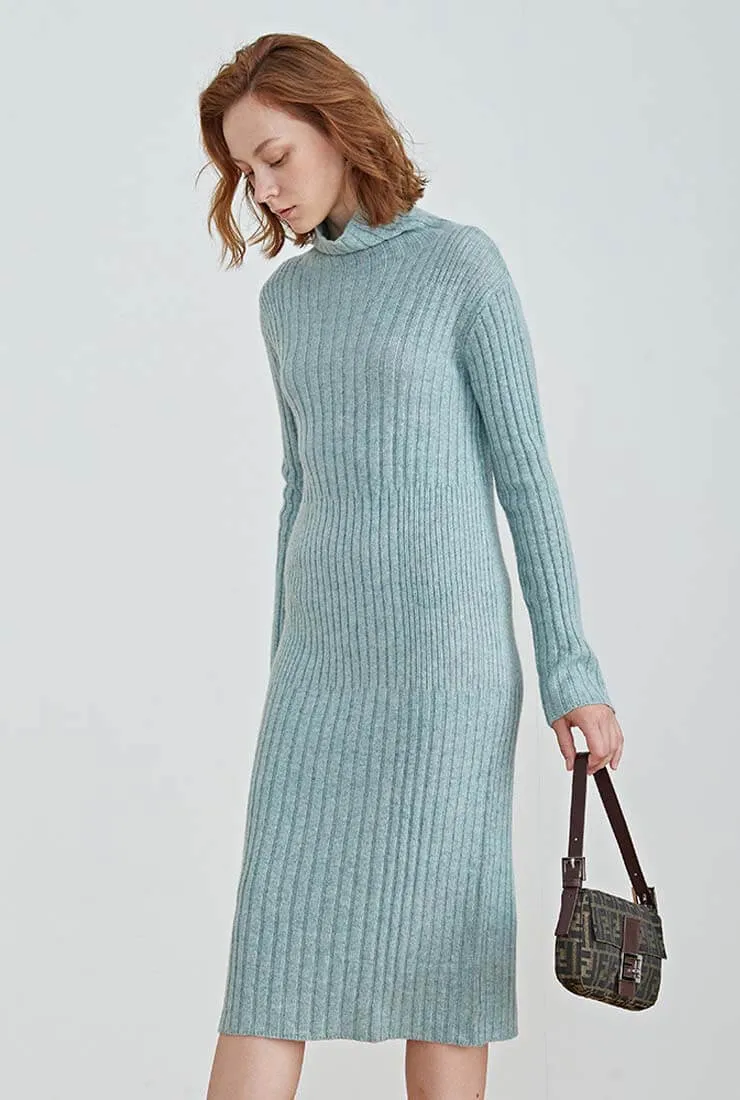 Long-sleeved Turtleneck Slim Wool Knit Midi Dress