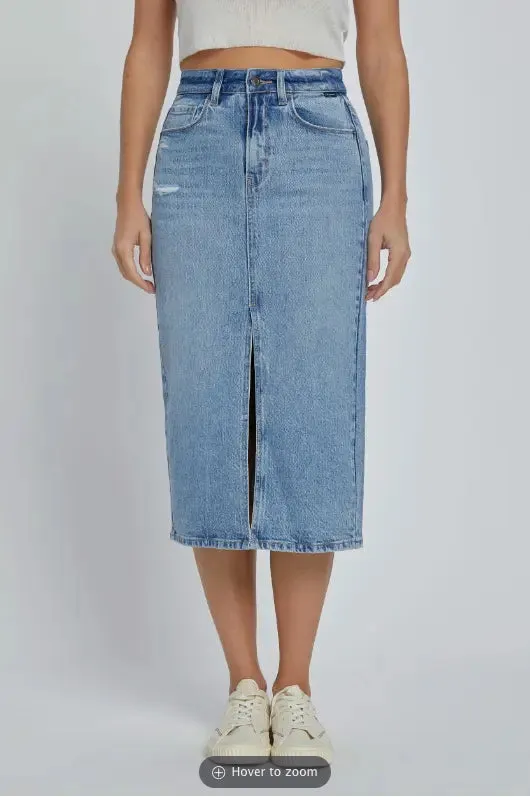 Lorena High Rise Jean Midi Skirt