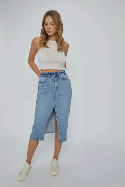 Lorena High Rise Jean Midi Skirt