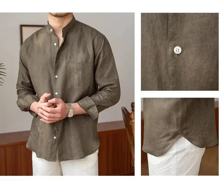 Mandarin Colar Linen Shirt - Cross & Crown