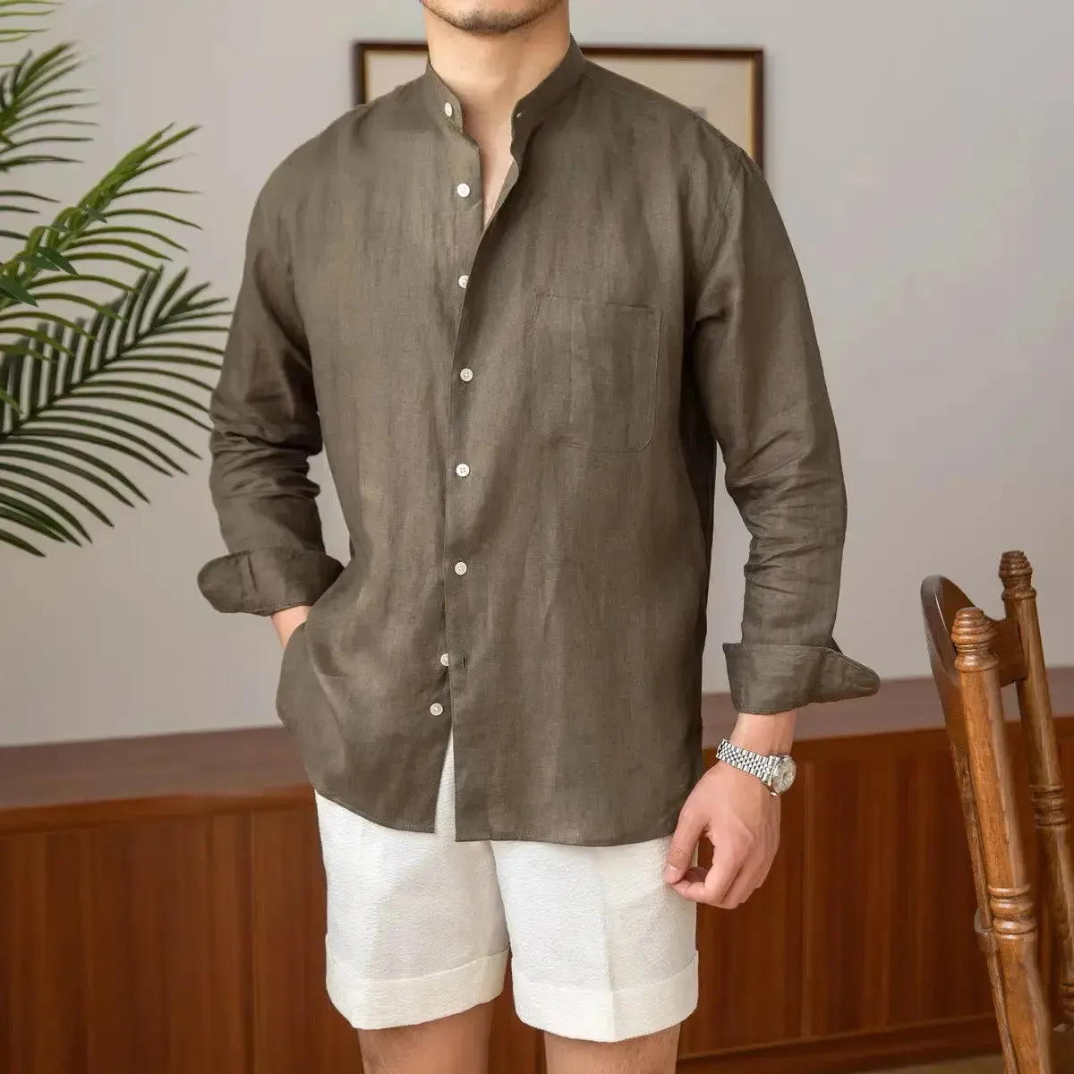 Mandarin Colar Linen Shirt - Cross & Crown