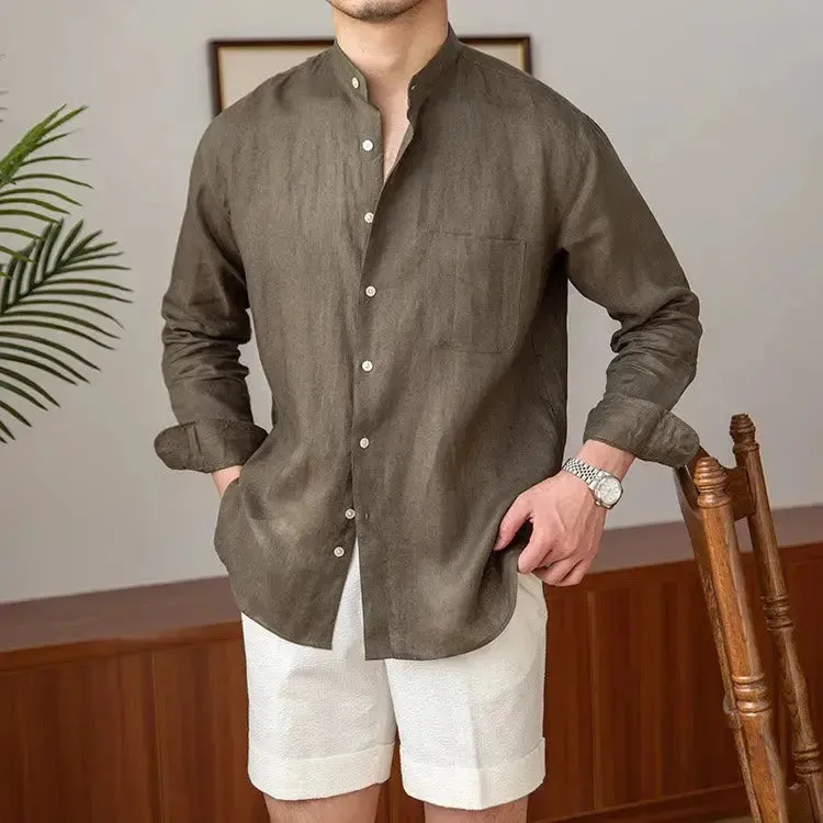 Mandarin Colar Linen Shirt - Cross & Crown