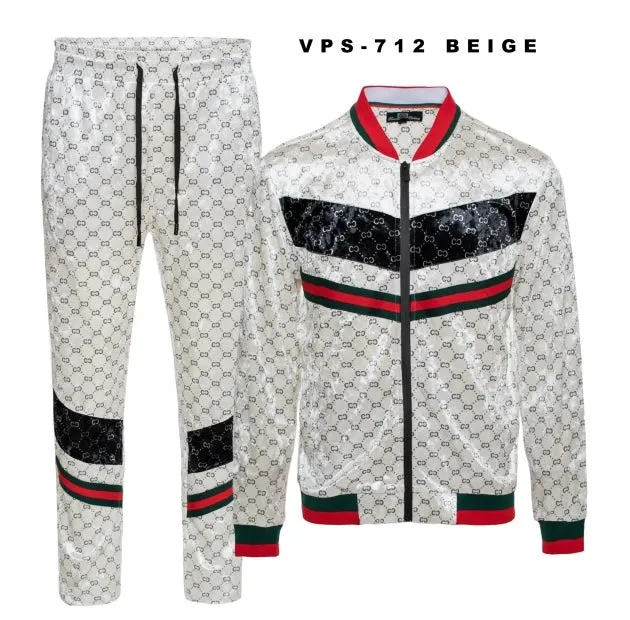 Men's Beige Velvet Jogging Set Jacket and Pants Red and Green Strip