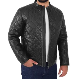 Mens Black Quilted Leather Puffer Jacket