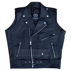 Mens Marlon Brando Style Leather Biker Gilet Vest Waistcoat Sleeveless Club