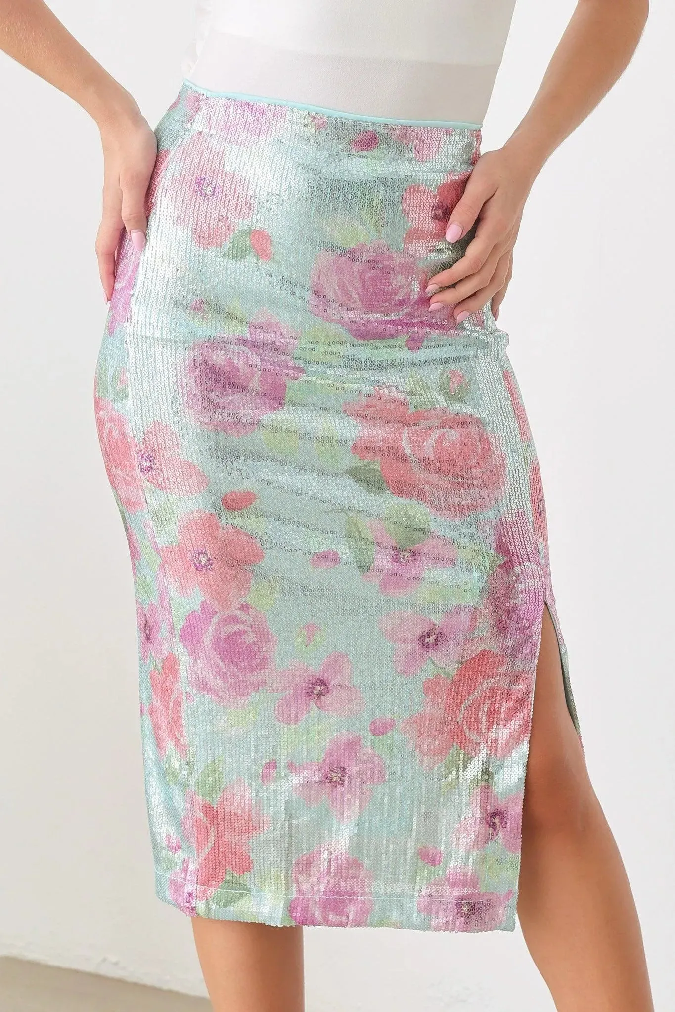 Metallic Sequin Floral High Rise Straight Side Slit Midi Skirt