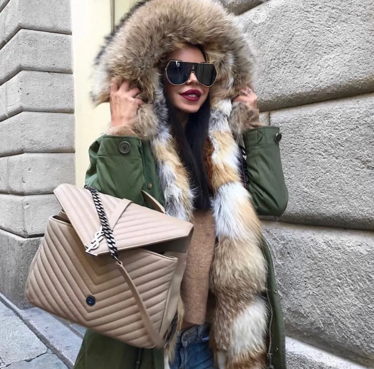 Natural Fox Fur Green Parka