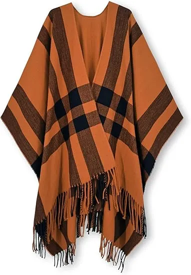 Peach Tan Winter Chic Plaid Poncho Cardigan