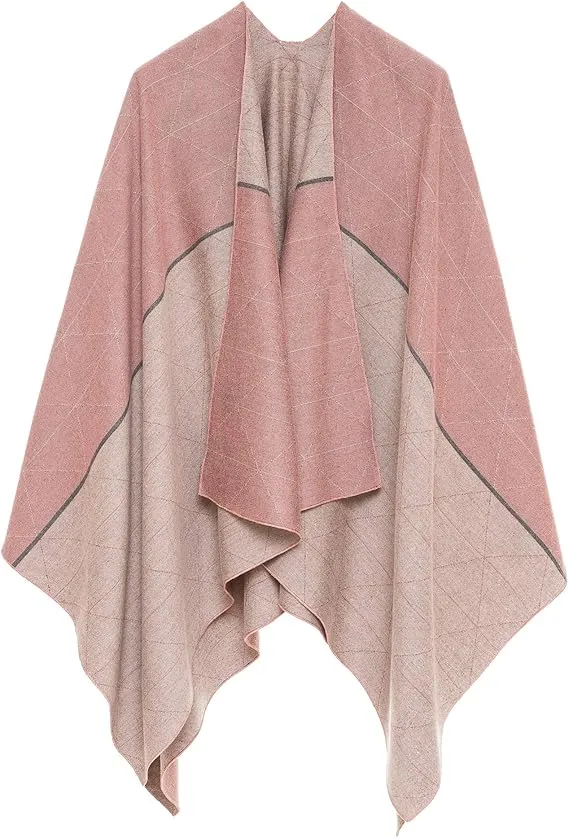 Pink-Beige Luxurious Knit Sweater Poncho Cardigan