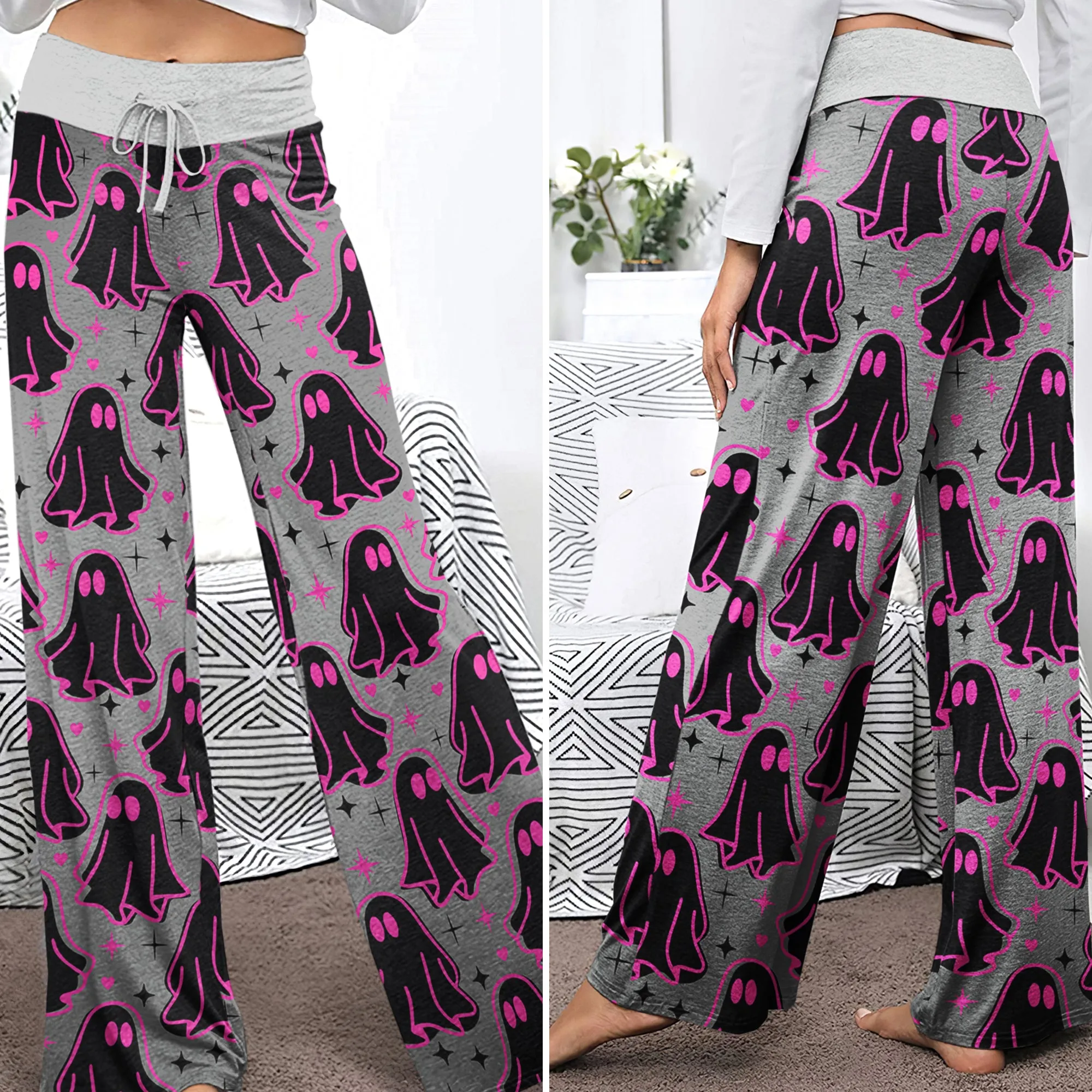 Pink Boo Pattern Women's High-waisted Wide Leg Pants