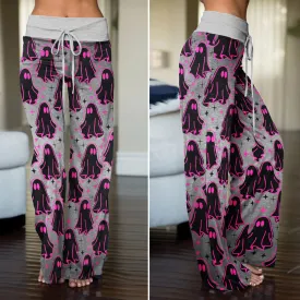 Pink Boo Pattern Women's High-waisted Wide Leg Pants