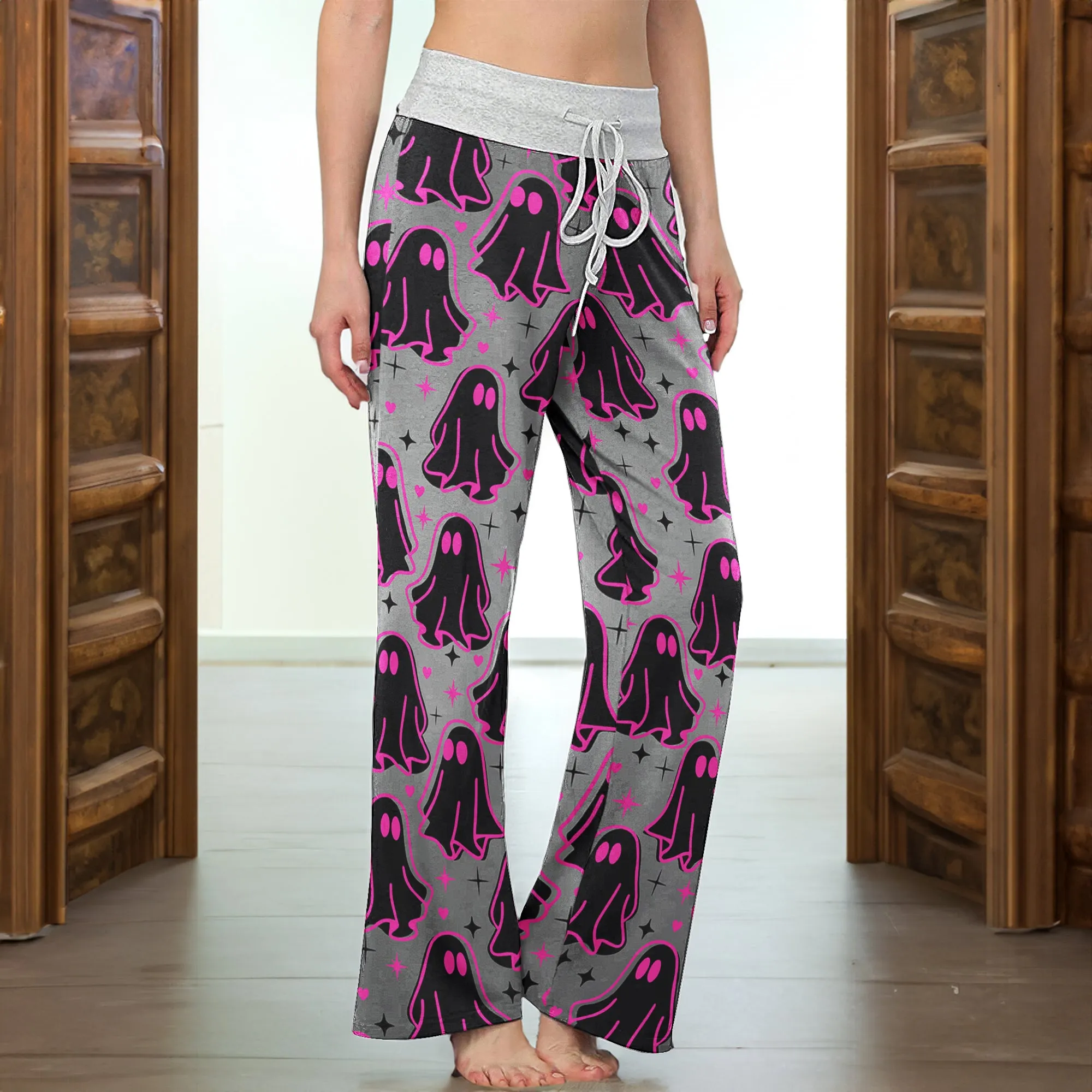 Pink Boo Pattern Women's High-waisted Wide Leg Pants