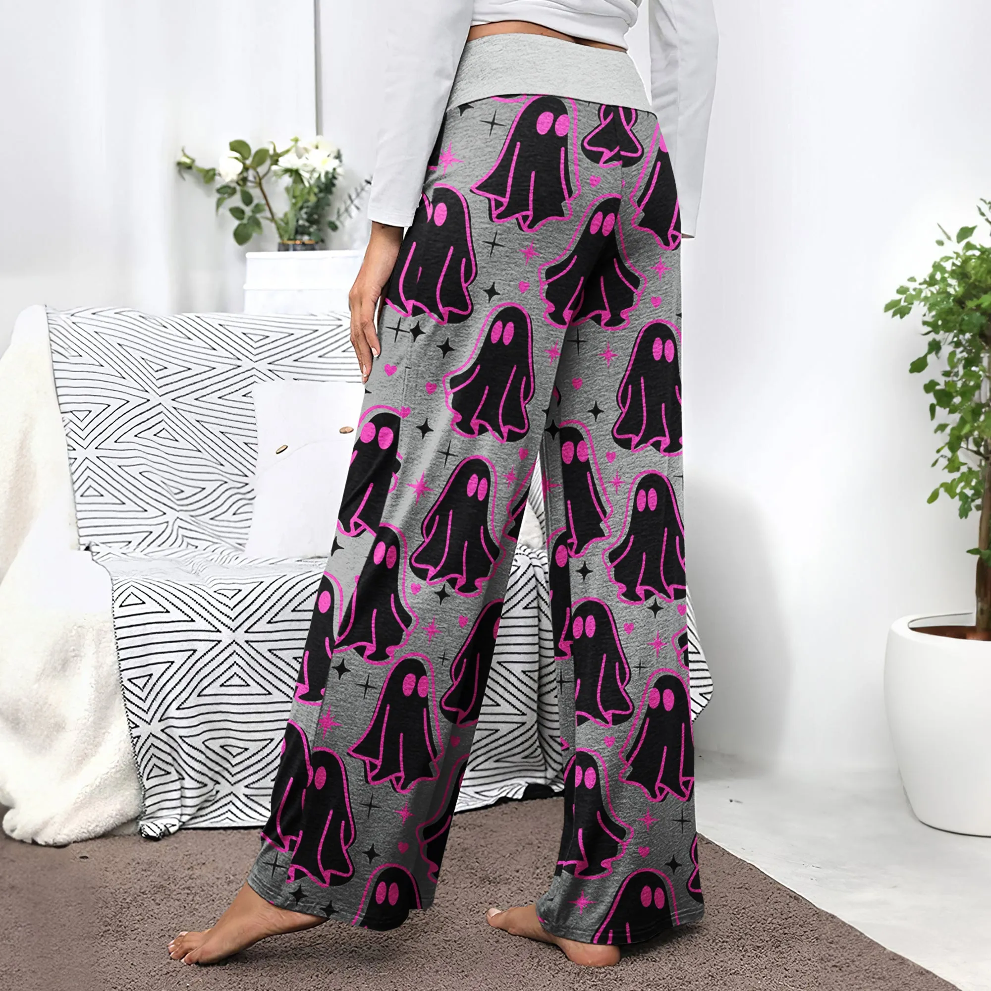 Pink Boo Pattern Women's High-waisted Wide Leg Pants