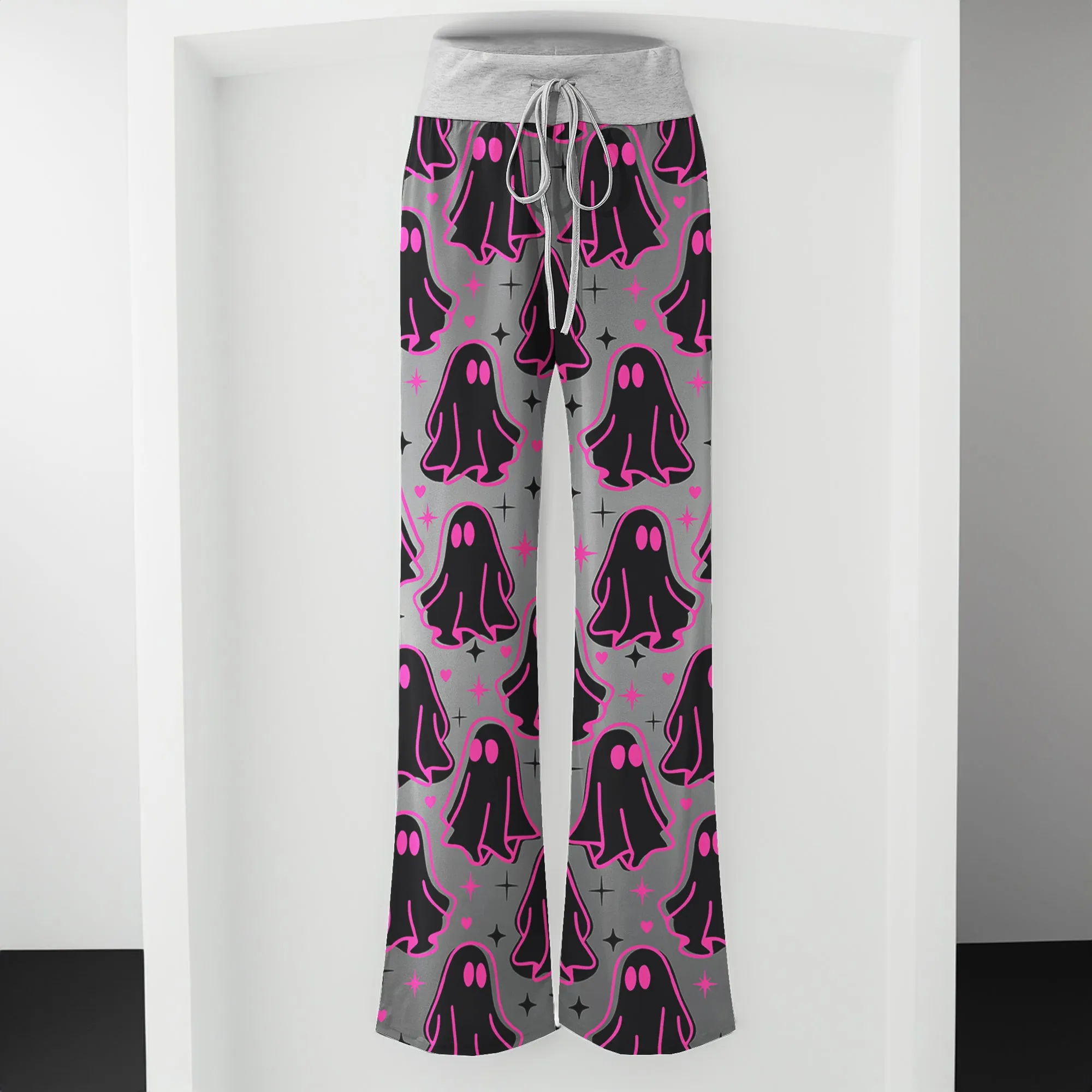 Pink Boo Pattern Women's High-waisted Wide Leg Pants