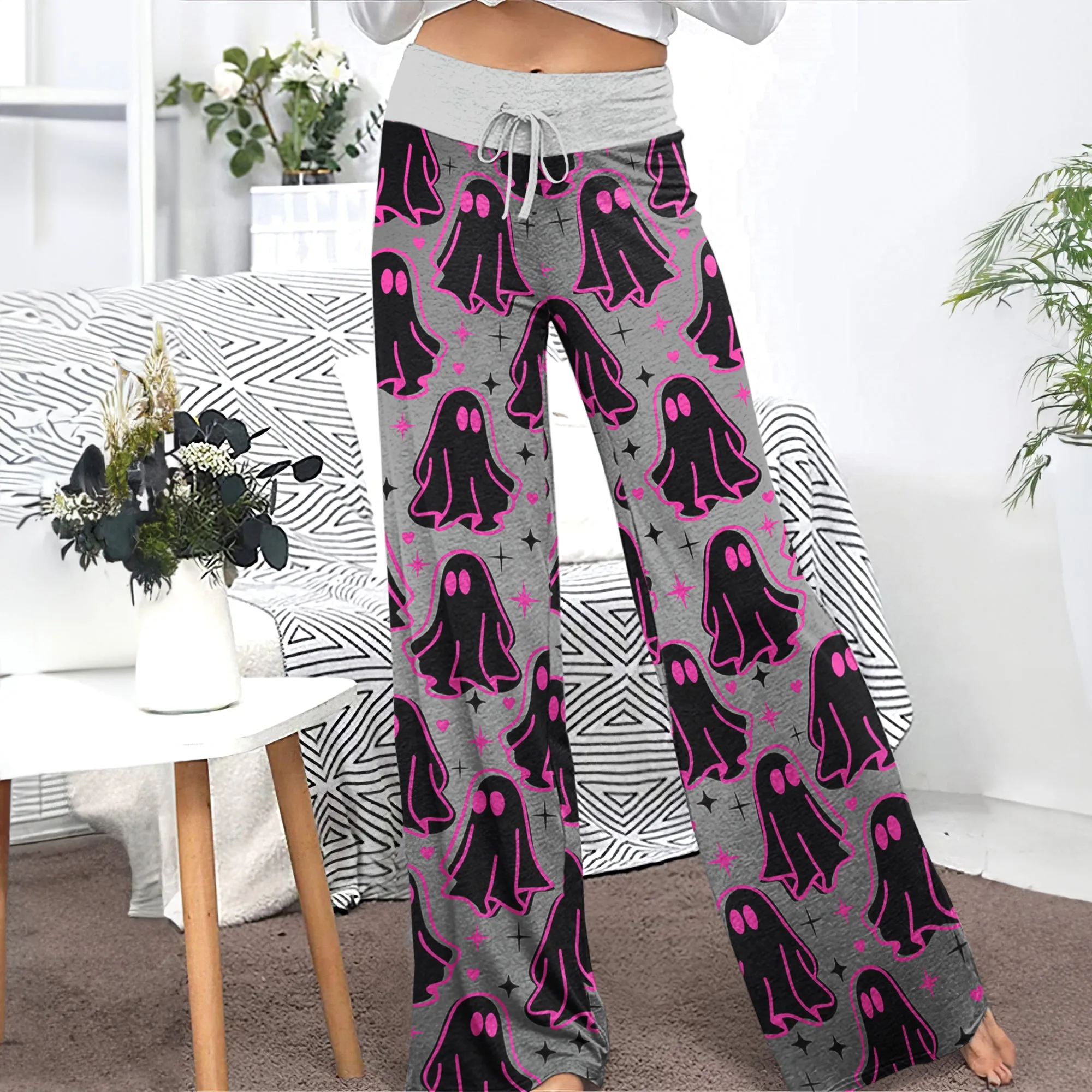 Pink Boo Pattern Women's High-waisted Wide Leg Pants