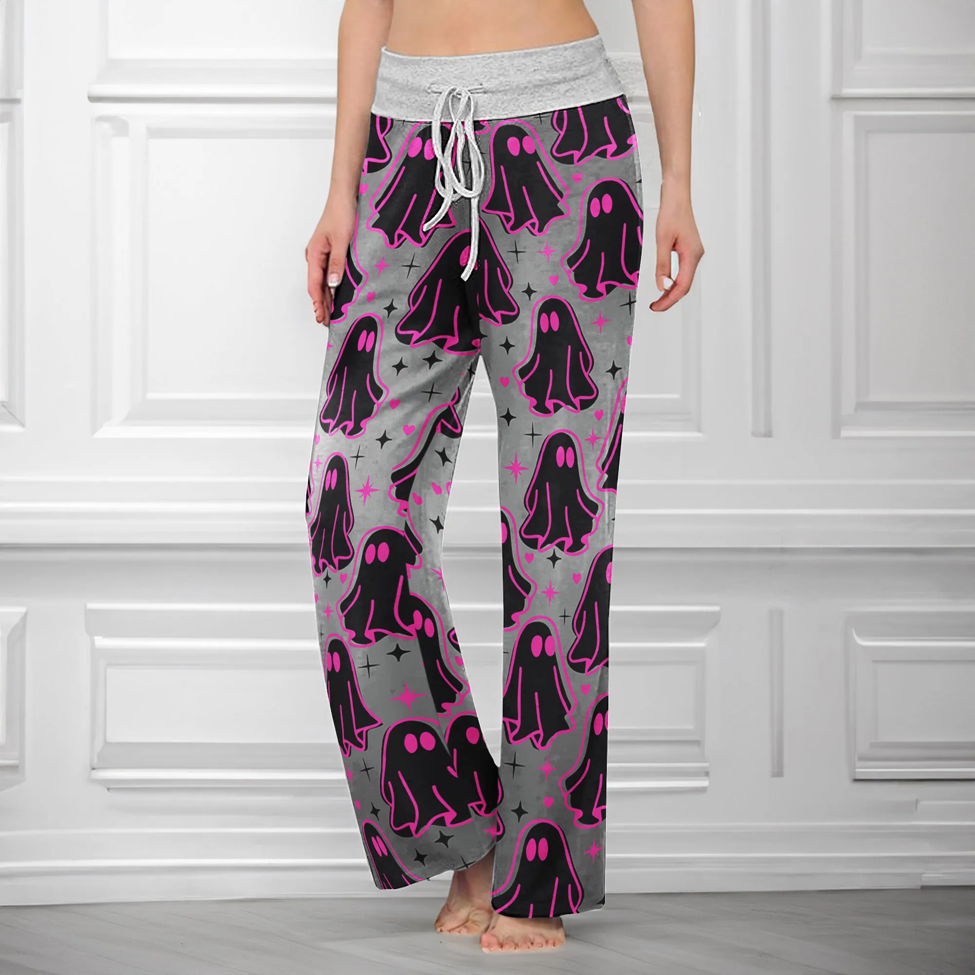 Pink Boo Pattern Women's High-waisted Wide Leg Pants