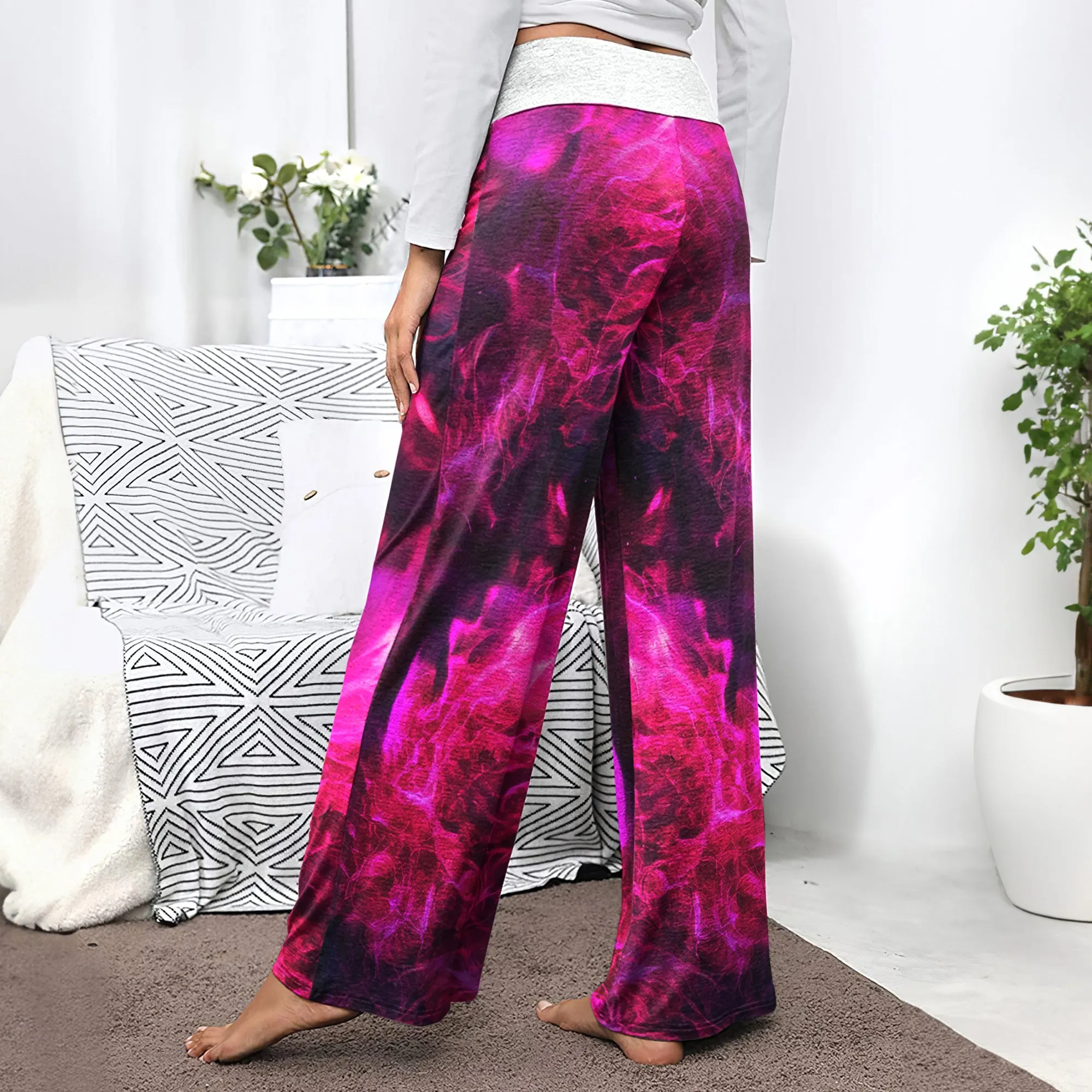 Pink Skull Fire Gothic Women's High-waisted Wide Leg Pants