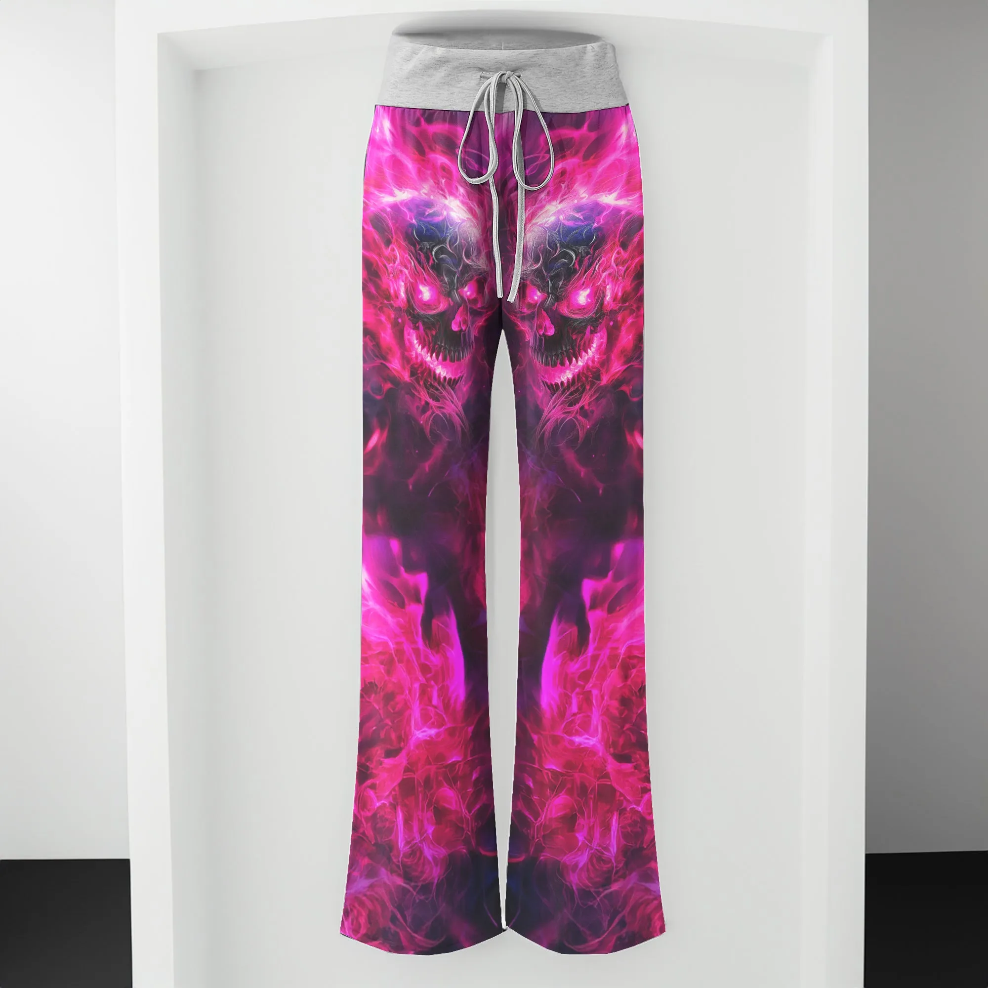 Pink Skull Fire Gothic Women's High-waisted Wide Leg Pants