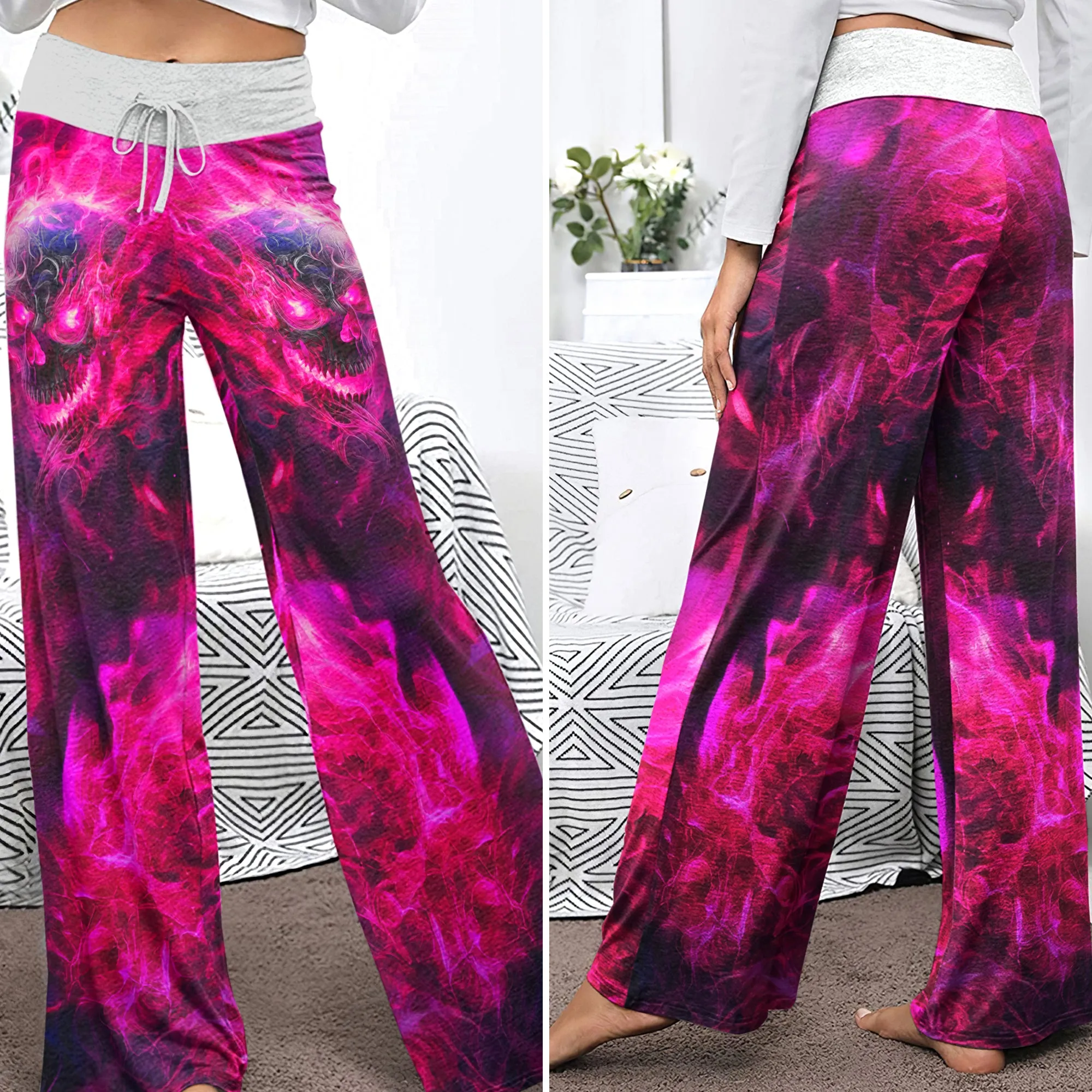 Pink Skull Fire Gothic Women's High-waisted Wide Leg Pants