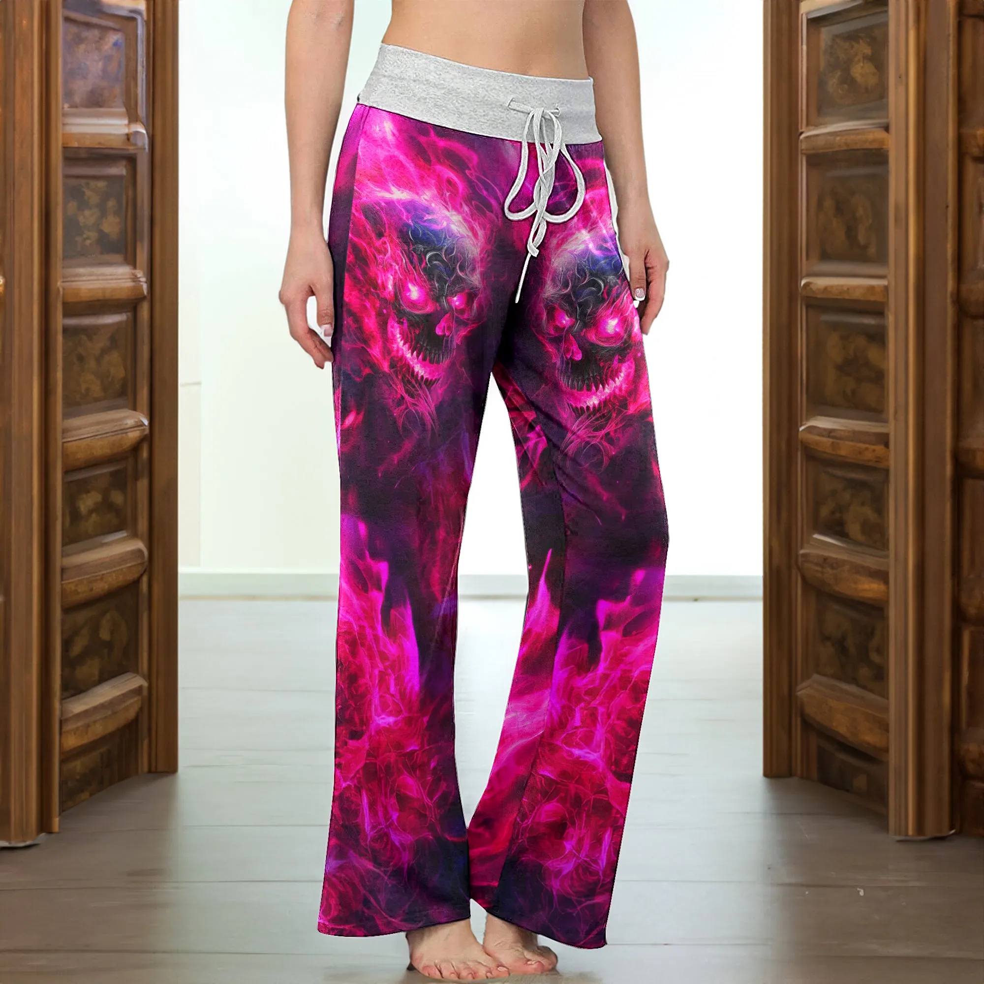 Pink Skull Fire Gothic Women's High-waisted Wide Leg Pants