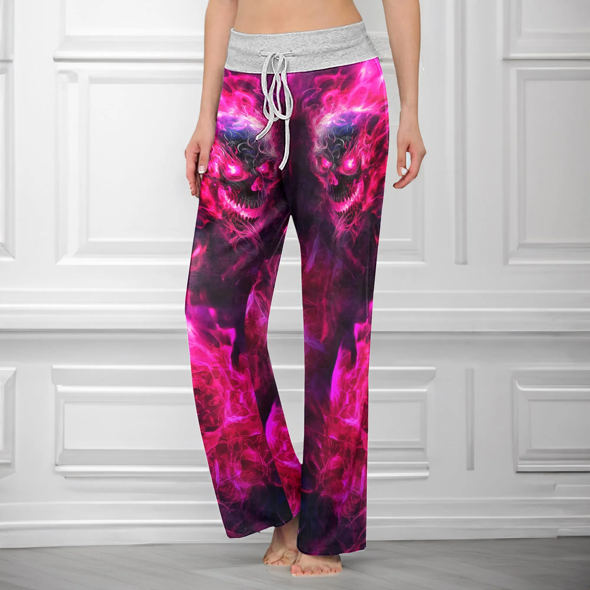 Pink Skull Fire Gothic Women's High-waisted Wide Leg Pants