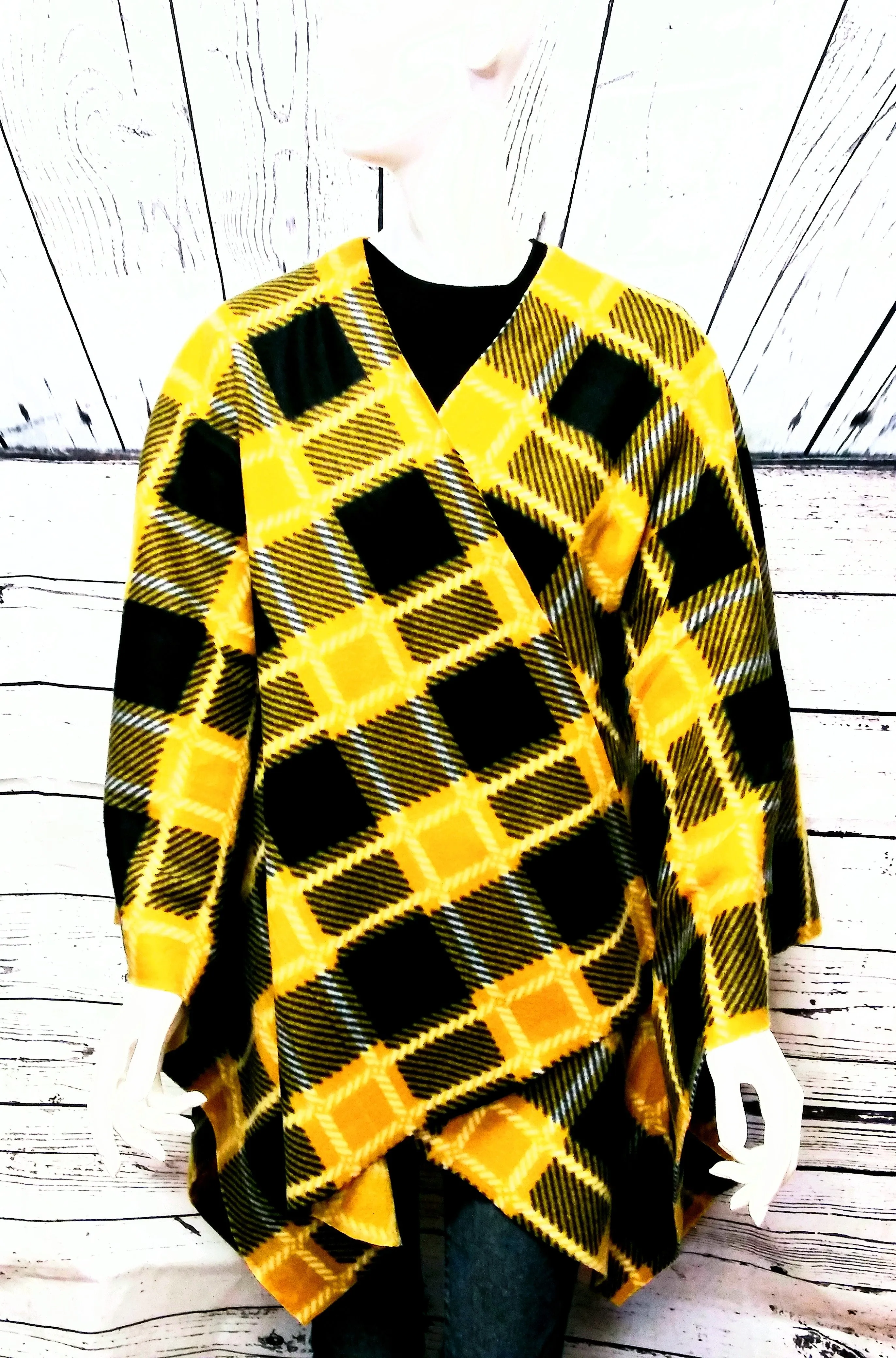 Plaid Fleece Wrap Open Front Poncho Cape Shawl with Matching Scarf