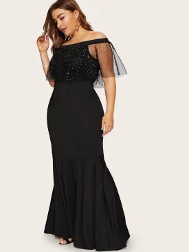 Plus Off Shoulder Contrast Mesh Mermaid Dress