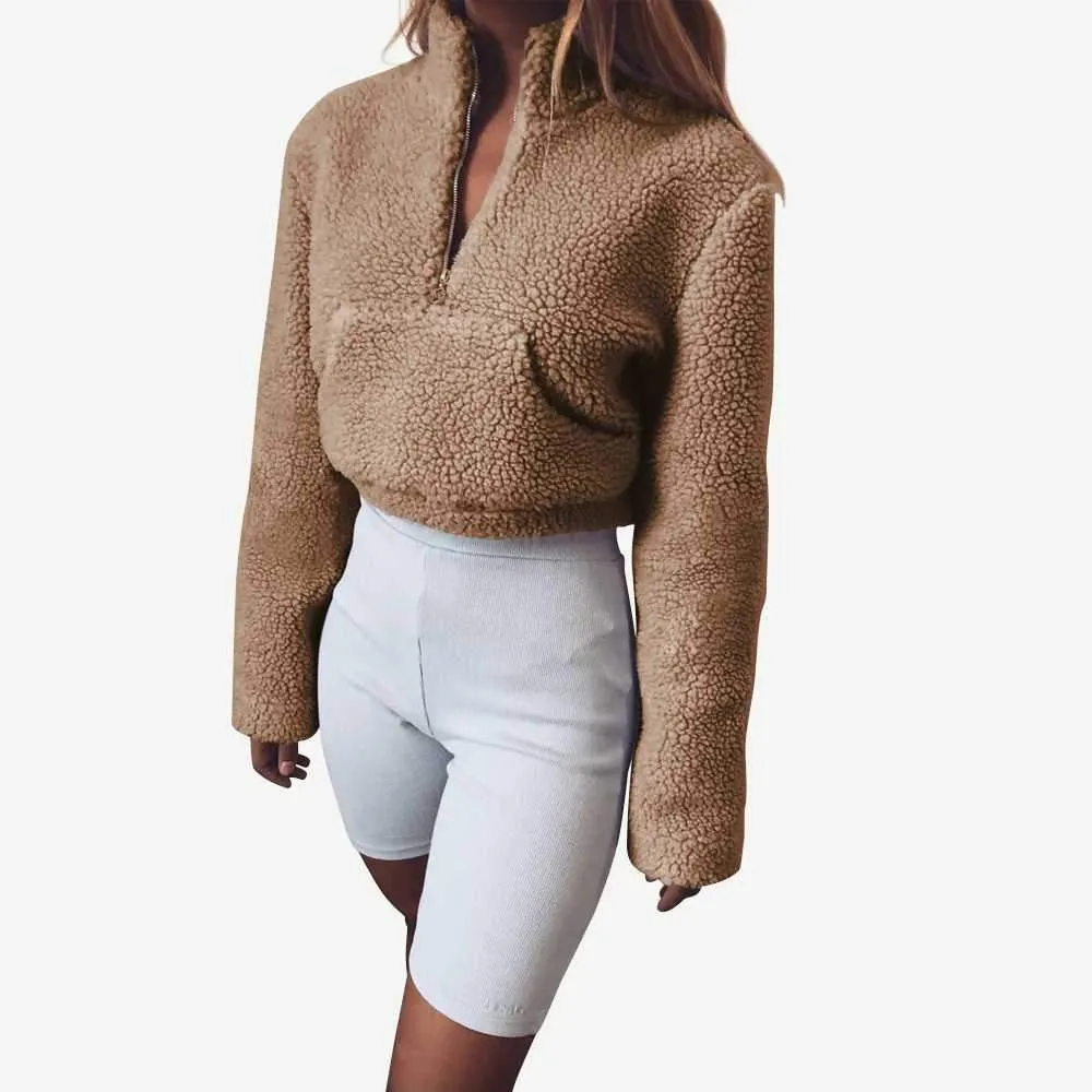 Polo Cropped Faux Fur Coat Fleece Lined Shearling Sweatshirt Pullover With Pocket