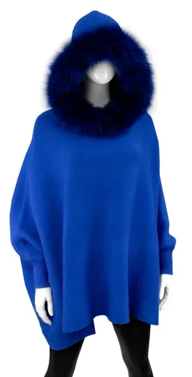 Poncho with Sleeves - Fox Fur Hoodie - Electric Blue