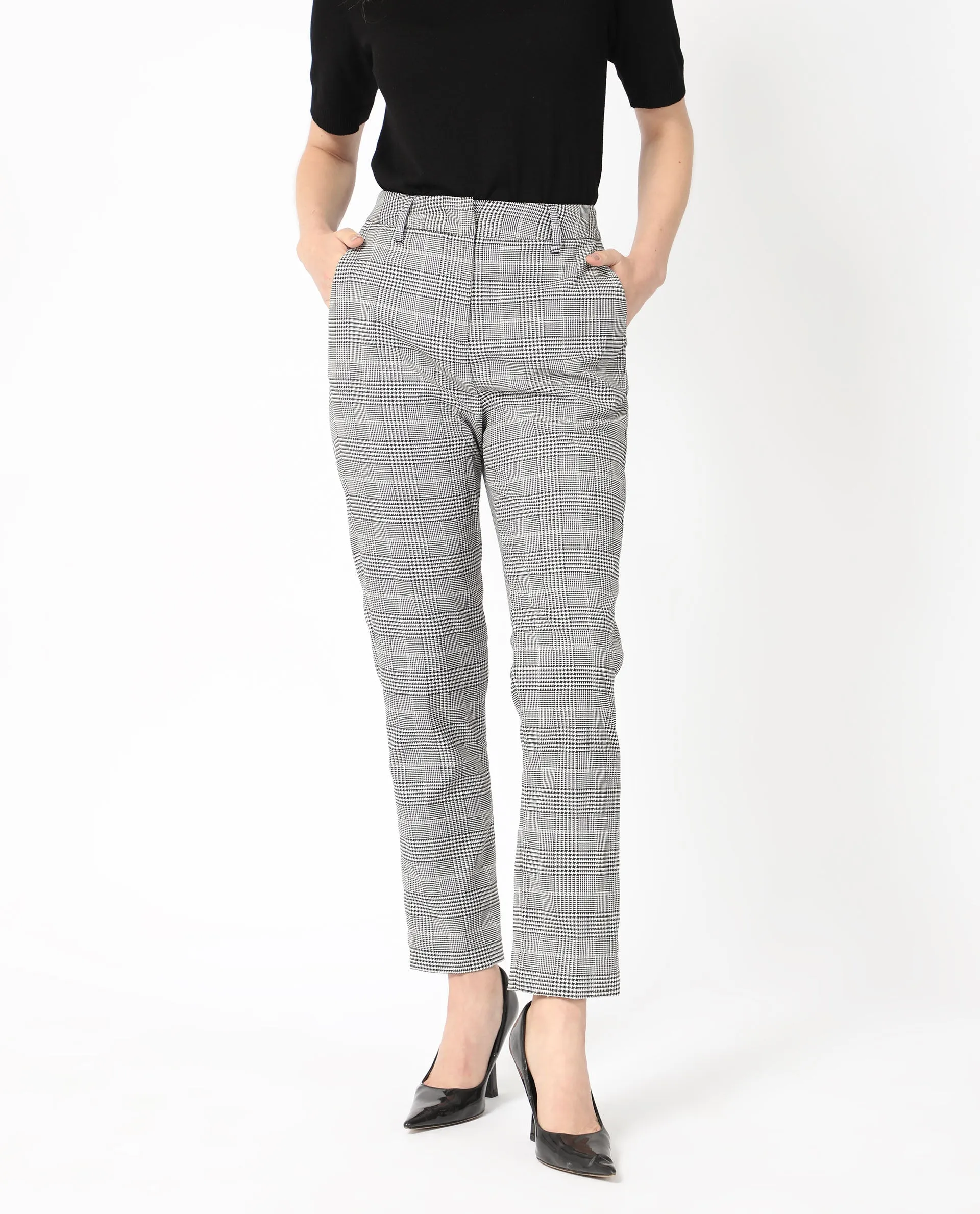 Rareism Women Tucila Black Polyester Fabric Hook And Eye Tailored Fit Checked Ankle Length Tapered Trousers