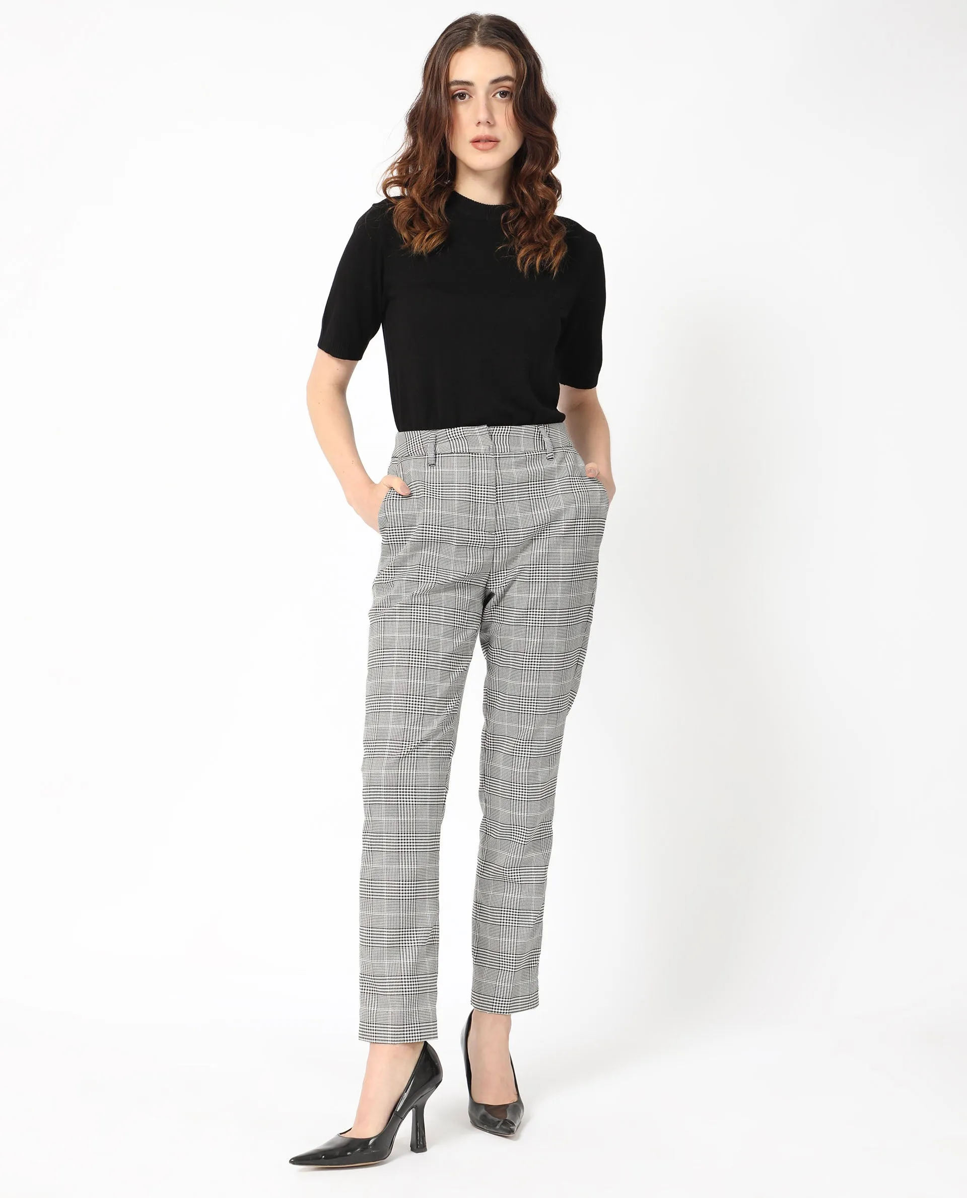 Rareism Women Tucila Black Polyester Fabric Hook And Eye Tailored Fit Checked Ankle Length Tapered Trousers