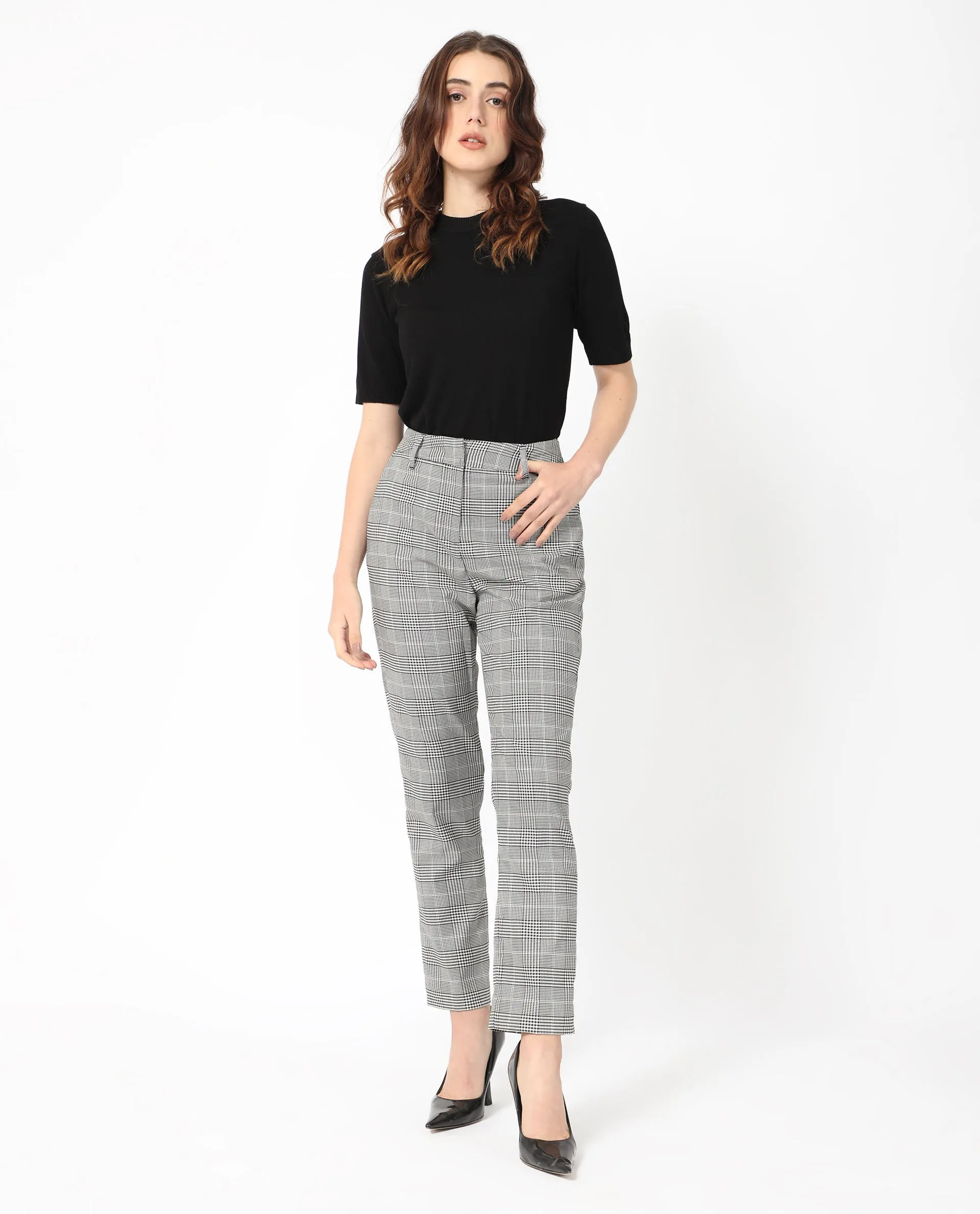 Rareism Women Tucila Black Polyester Fabric Hook And Eye Tailored Fit Checked Ankle Length Tapered Trousers