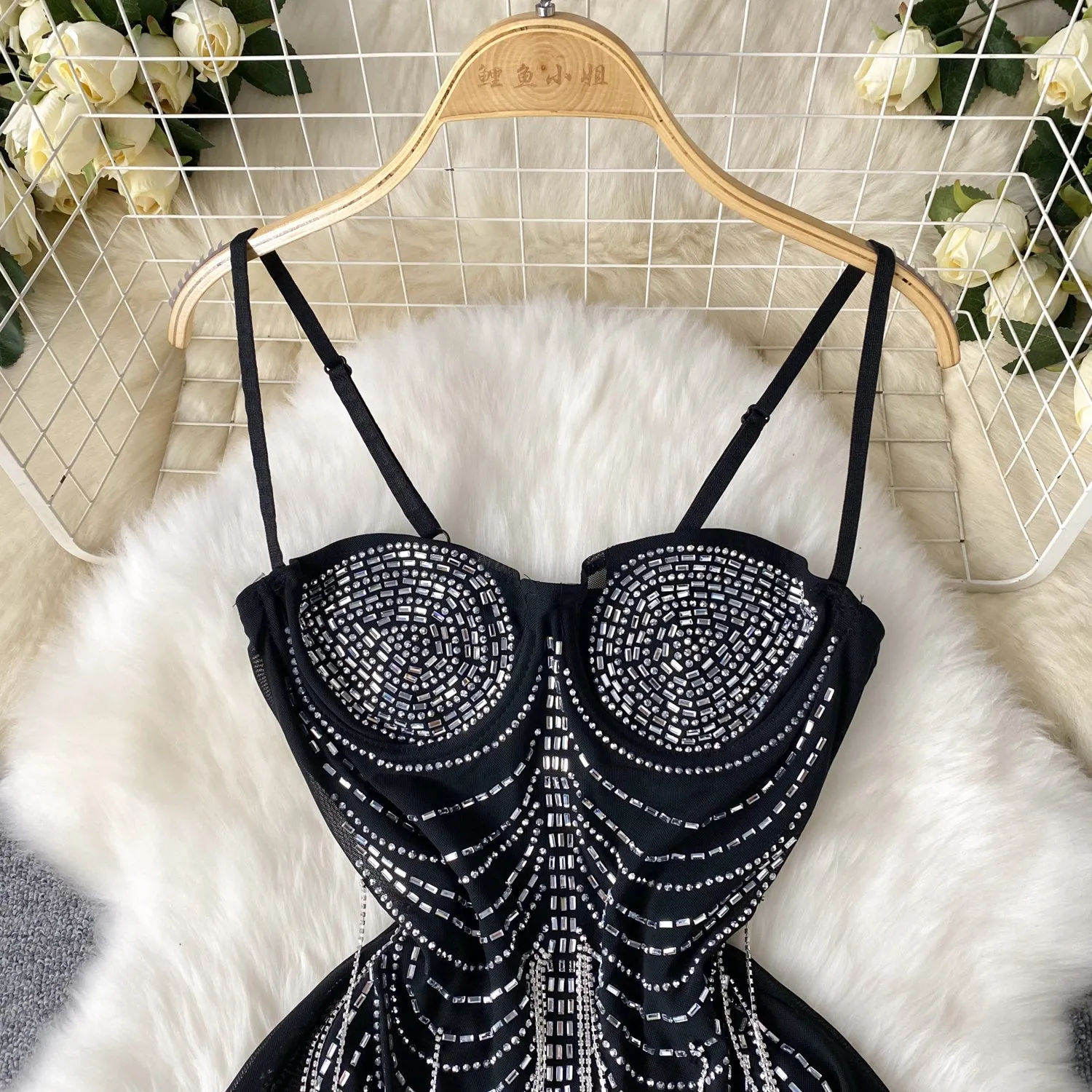 Rhinestone Studded Chain Fringed Slip Dress