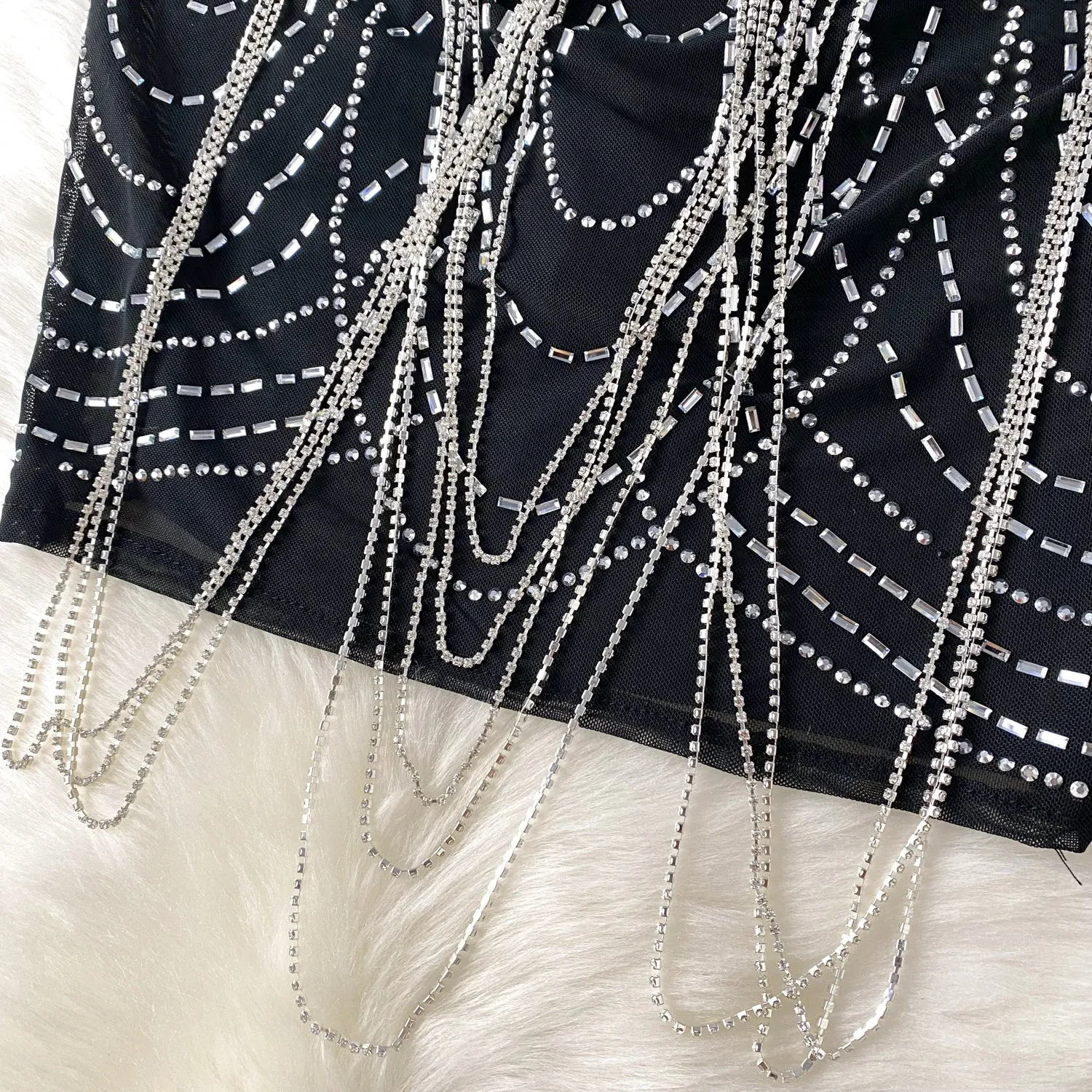 Rhinestone Studded Chain Fringed Slip Dress