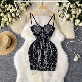 Rhinestone Studded Chain Fringed Slip Dress