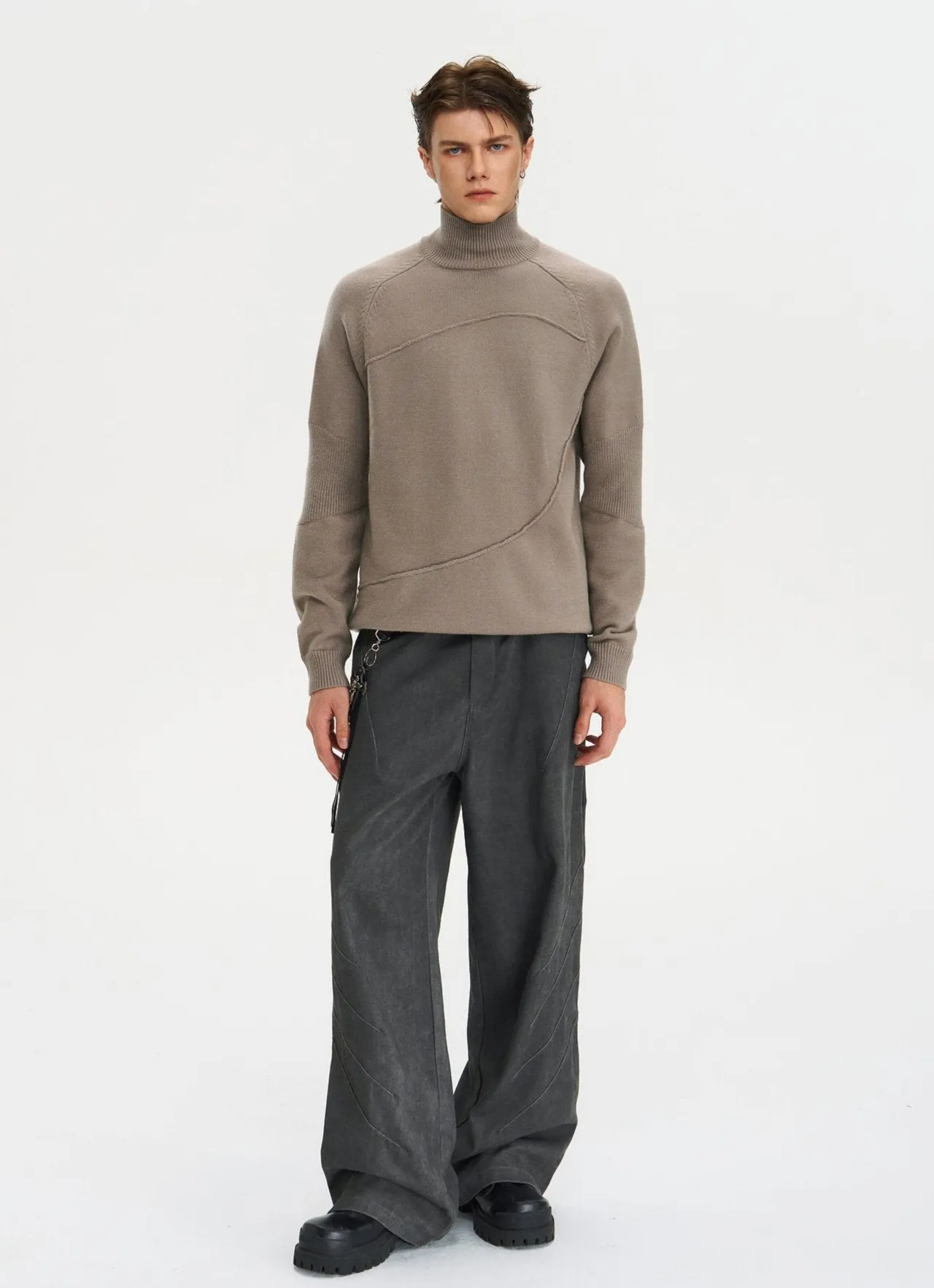 Ribbed Turtleneck Panel-Stitch Sweater