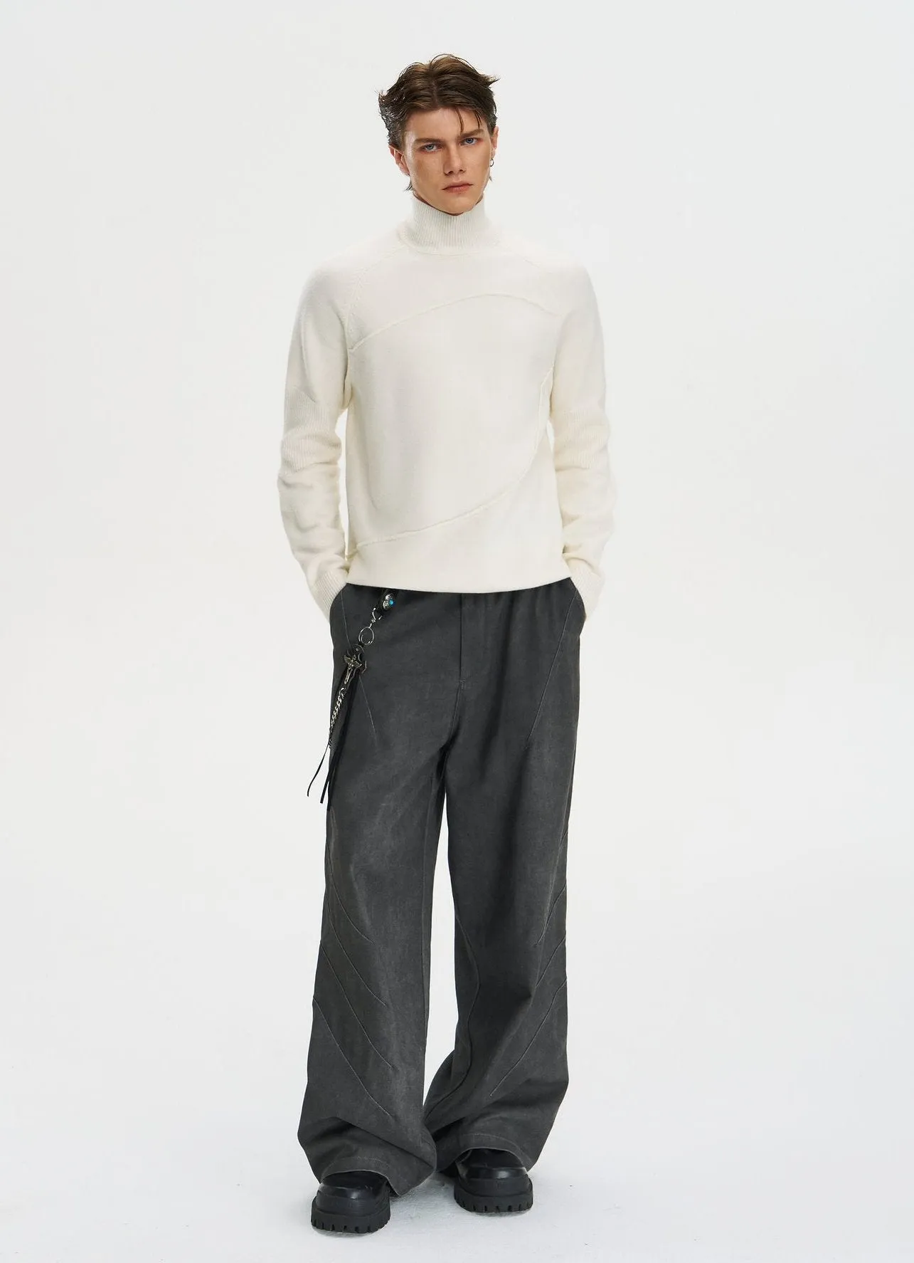 Ribbed Turtleneck Panel-Stitch Sweater