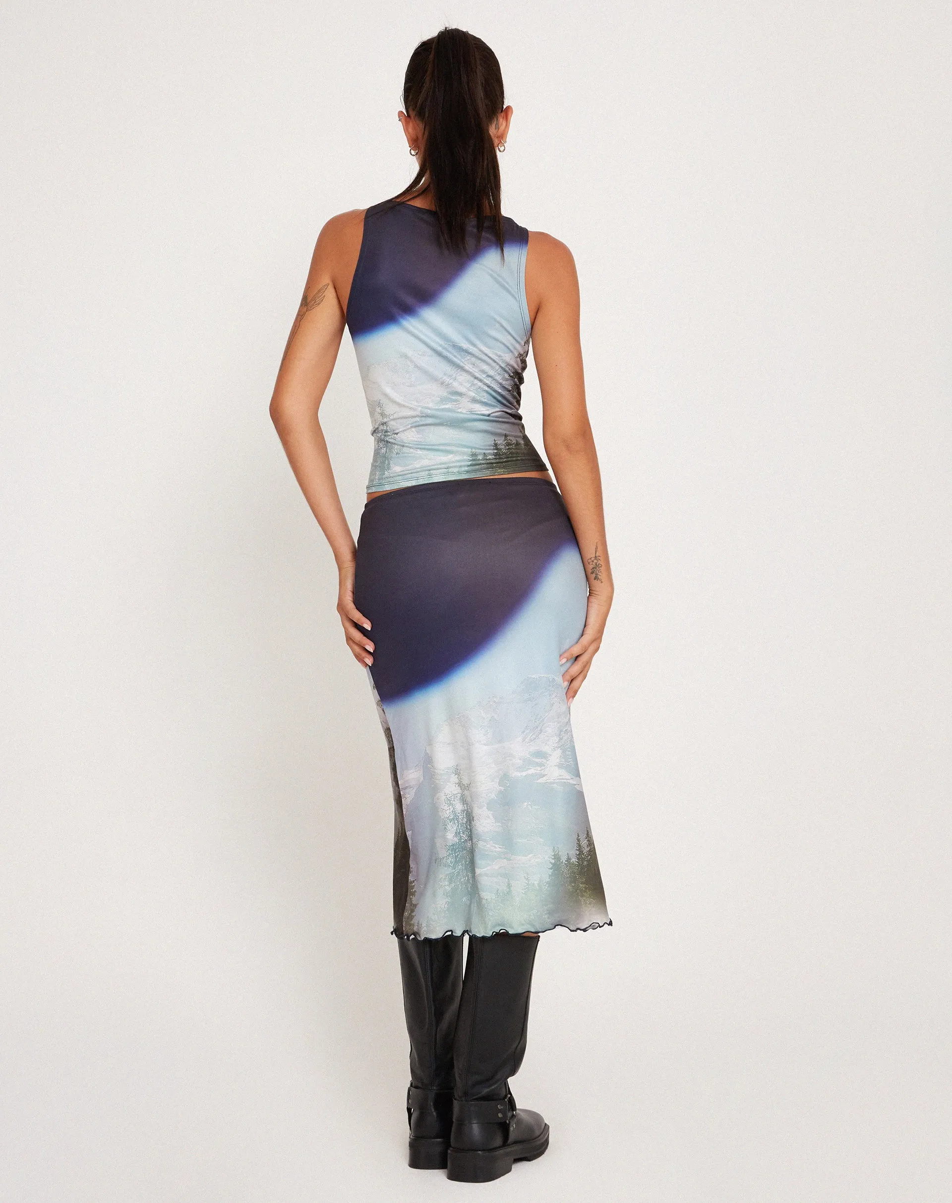 Rujha Midi Skirt in Abstract Landscape Collage