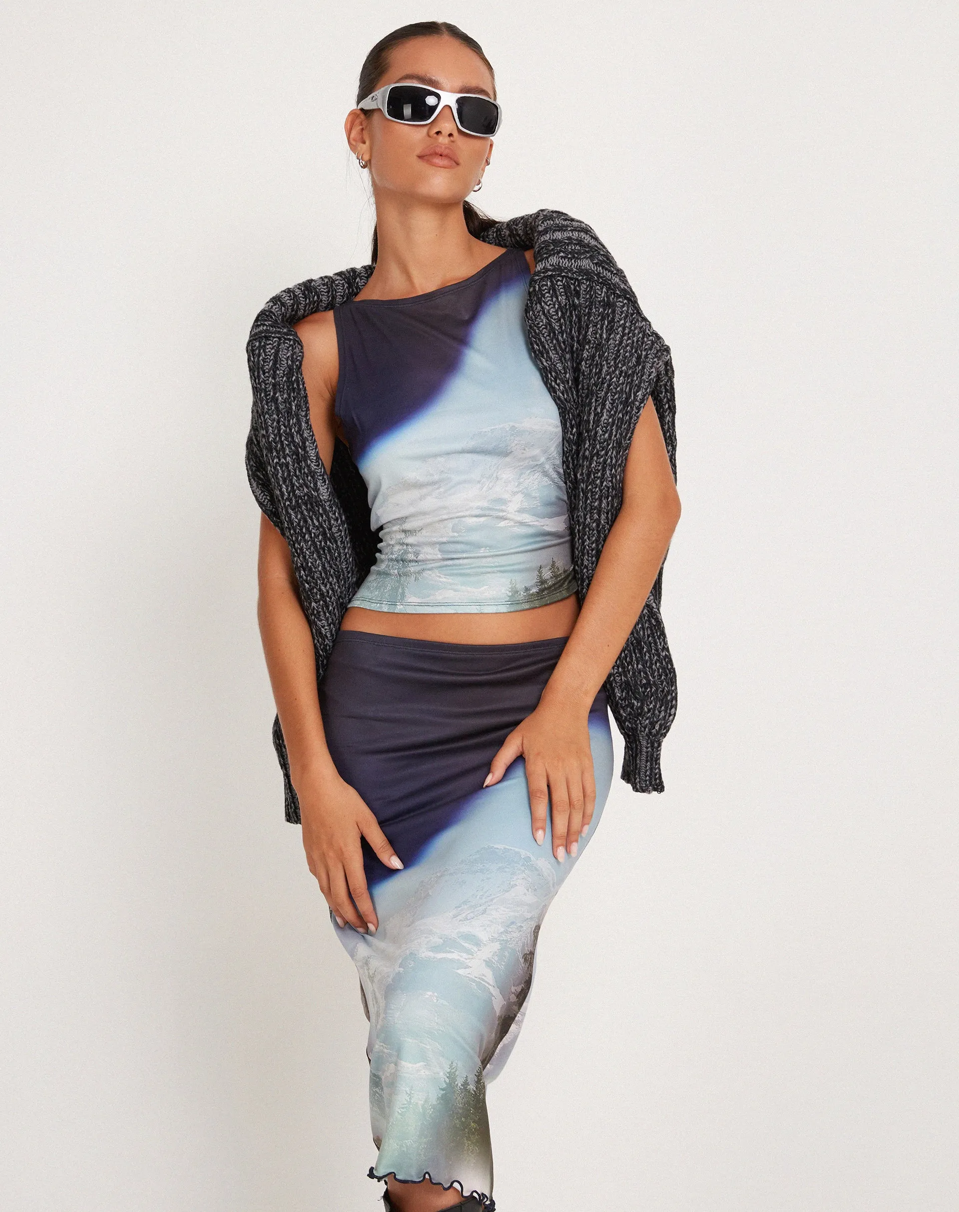 Rujha Midi Skirt in Abstract Landscape Collage