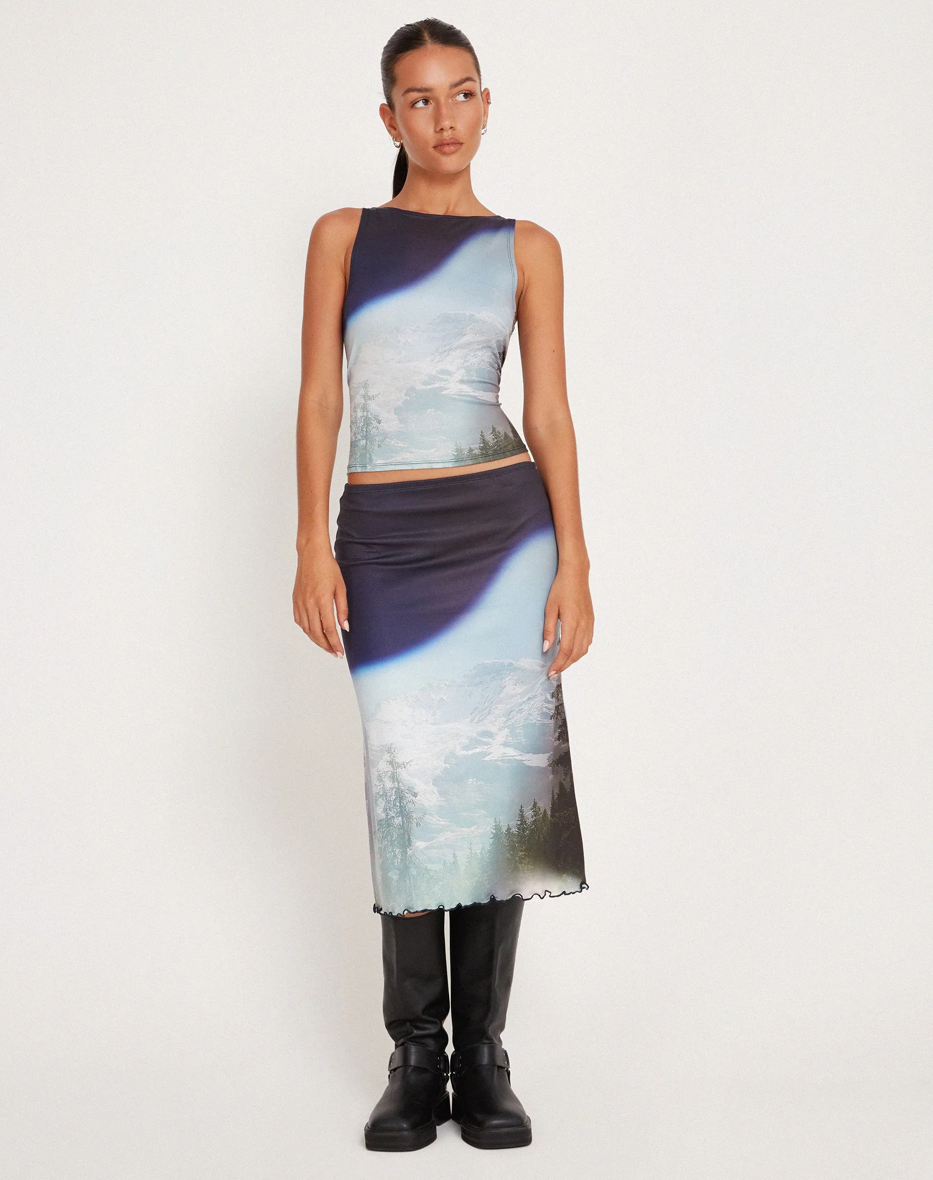 Rujha Midi Skirt in Abstract Landscape Collage