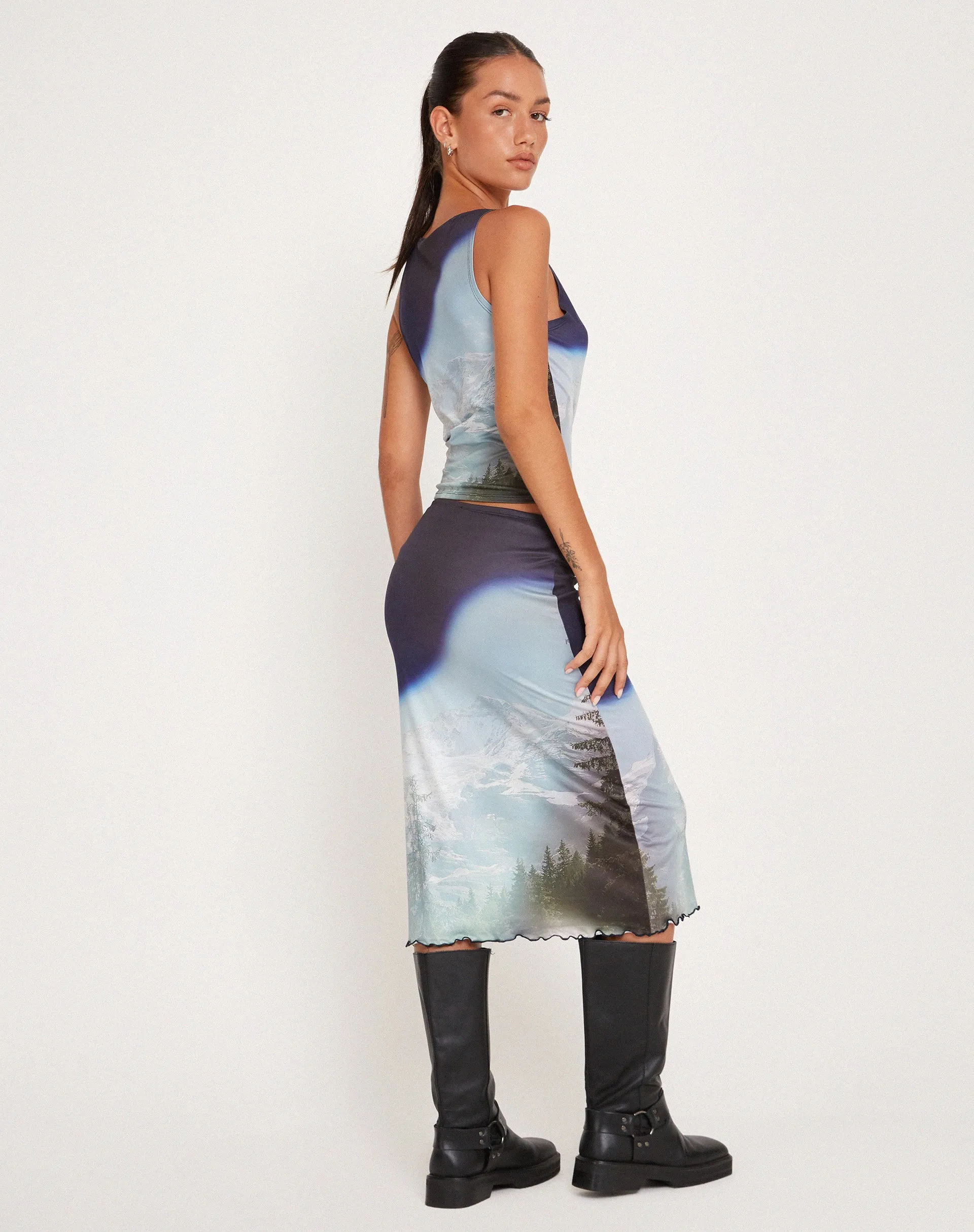 Rujha Midi Skirt in Abstract Landscape Collage