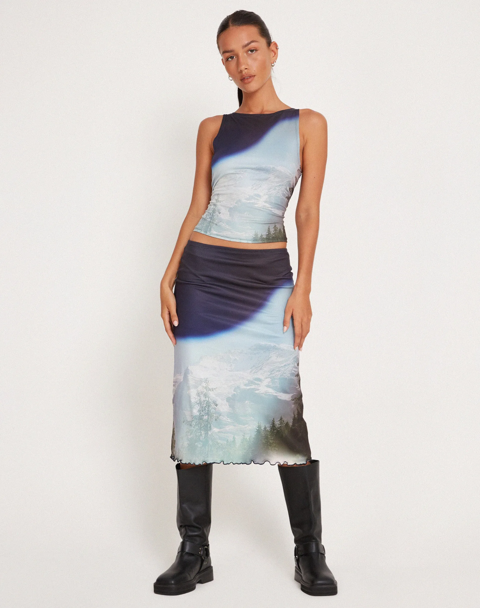 Rujha Midi Skirt in Abstract Landscape Collage