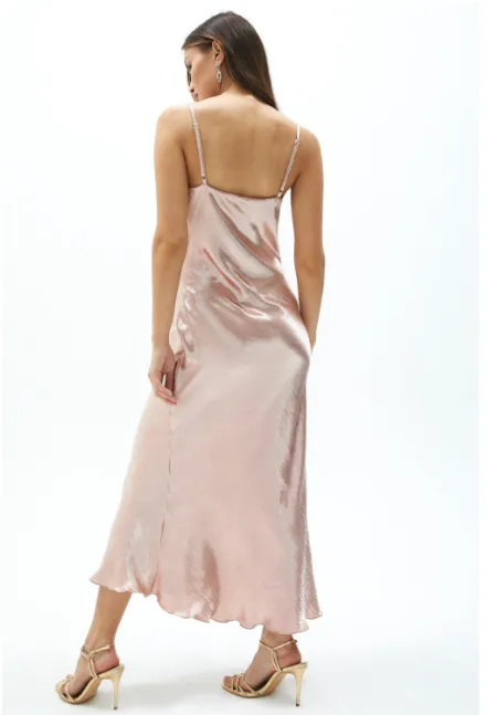 Shiny Satin Cowl Neck Spaghetti Slip Midi Evening Dress